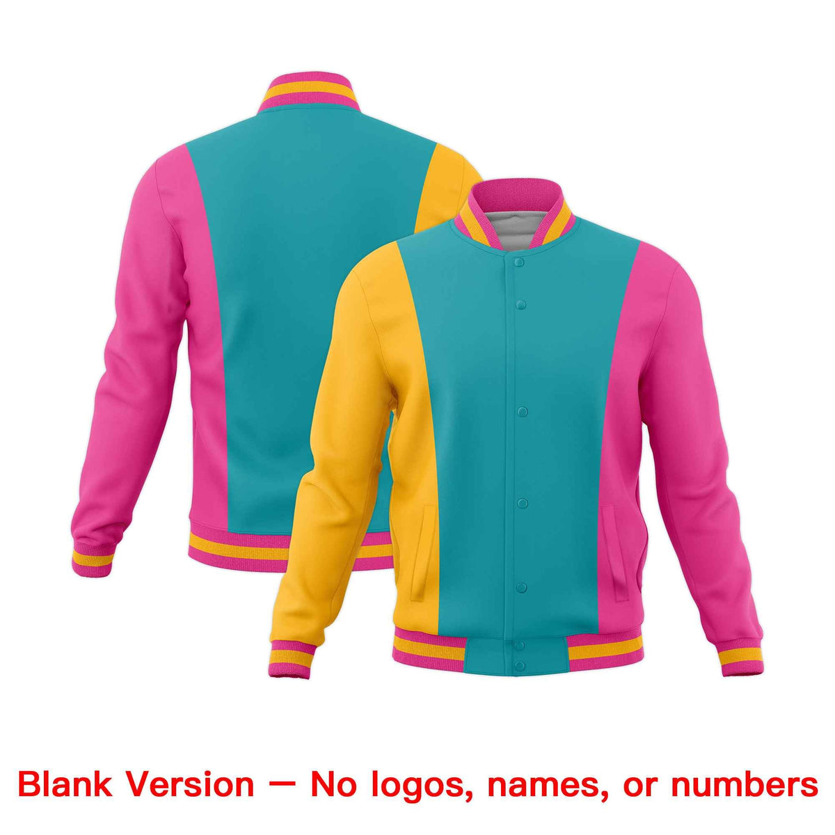 Custom Aqua Yellow Pink Personalization Varsity Full-Snap Three Color Blocks Letterman Jacket| KXKSHOP