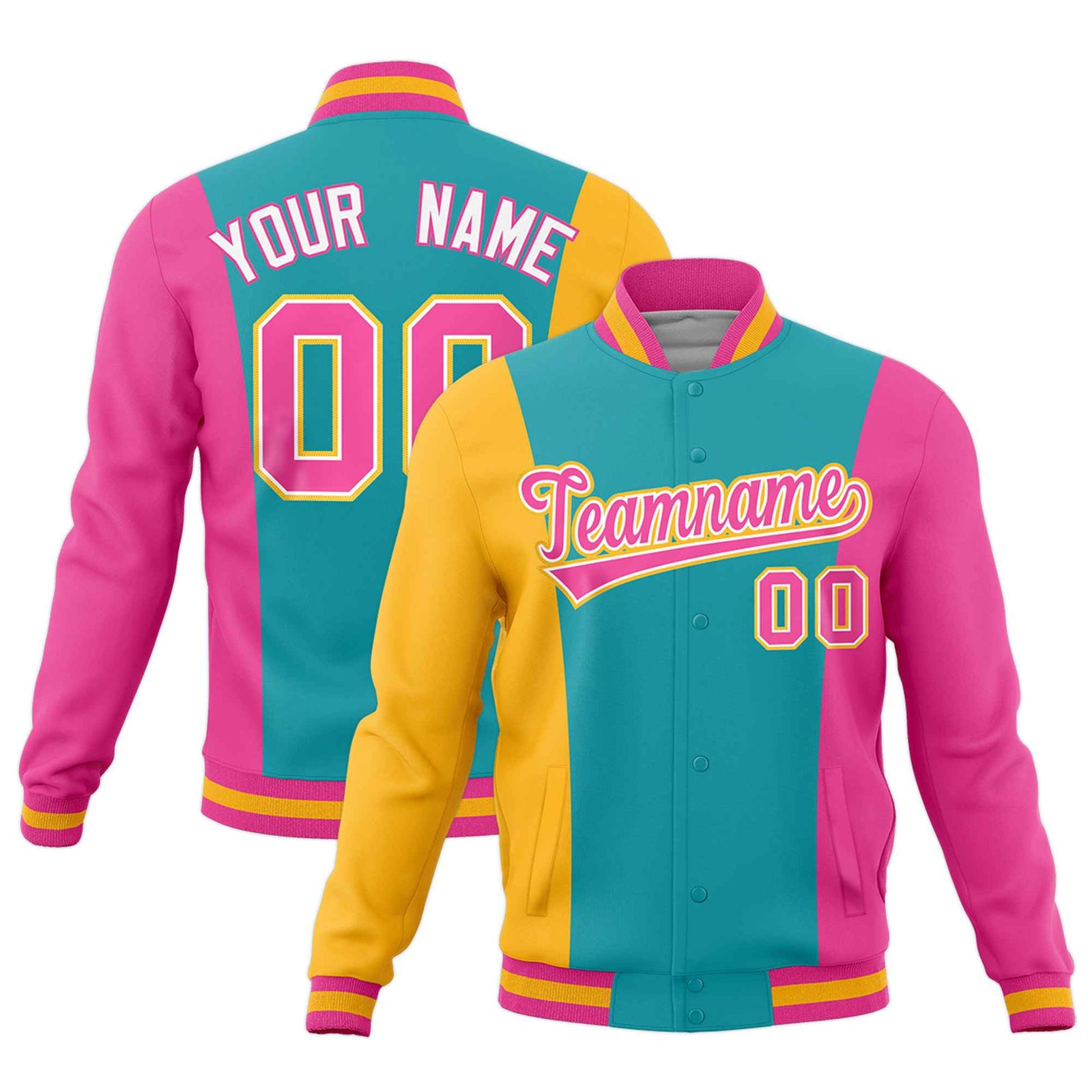 Custom Aqua Yellow Pink Personalization Varsity Full-Snap Three Color Blocks Letterman Jacket| KXKSHOP