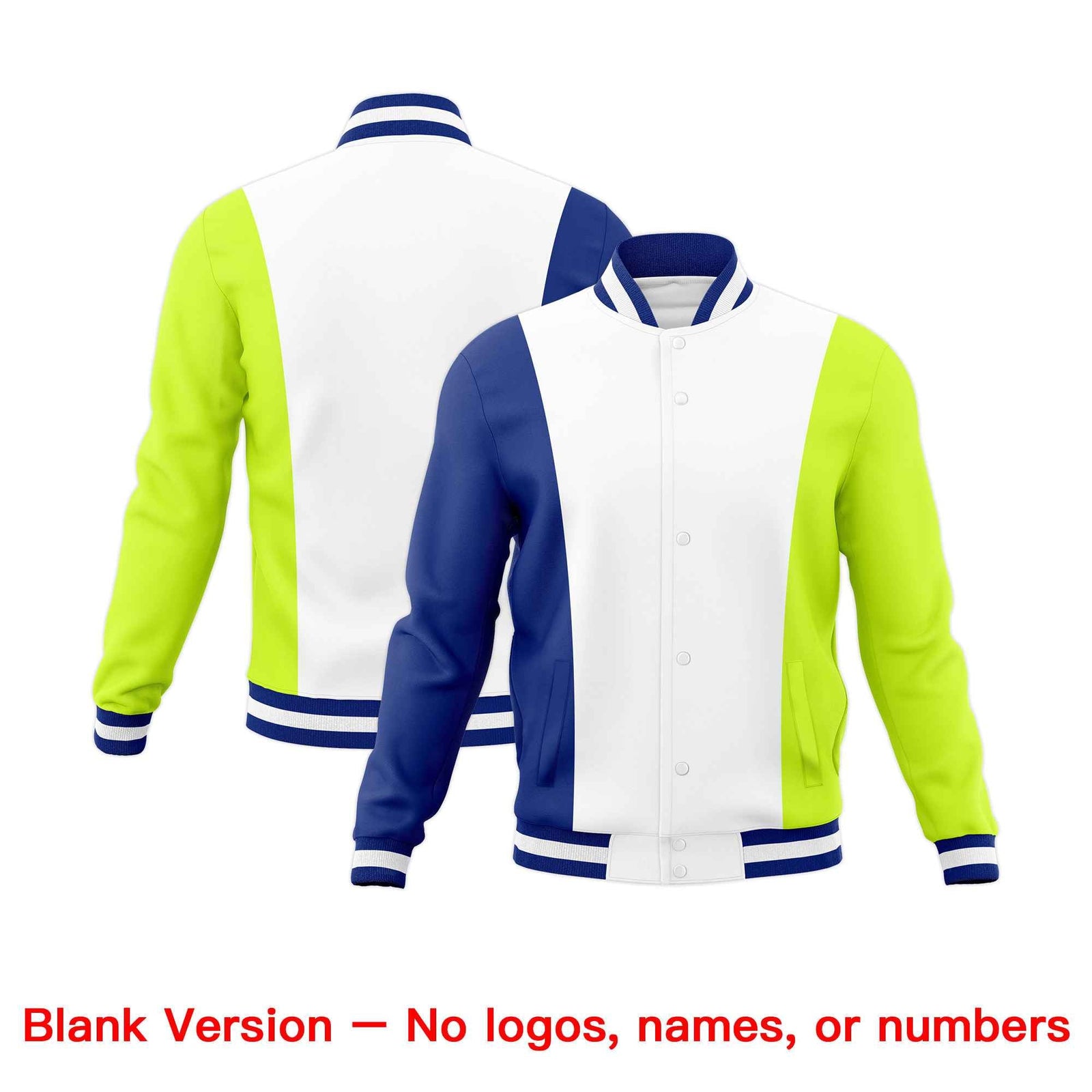 Custom White Royal Blue Fluorescent Green Personalization Varsity Full-Snap Three Color Blocks Letterman Jacket