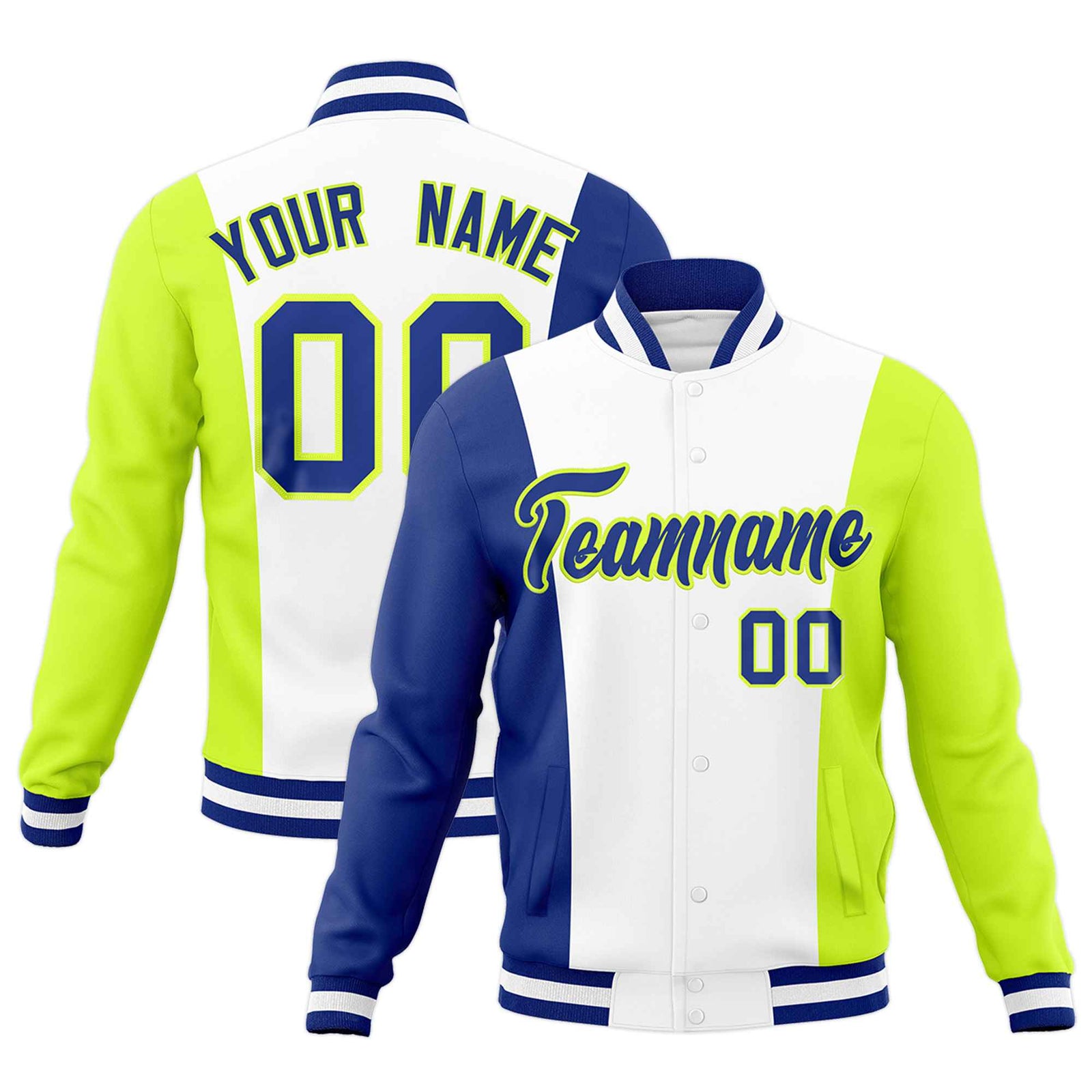 Custom White Royal Blue Fluorescent Green Personalization Varsity Full-Snap Three Color Blocks Letterman Jacket