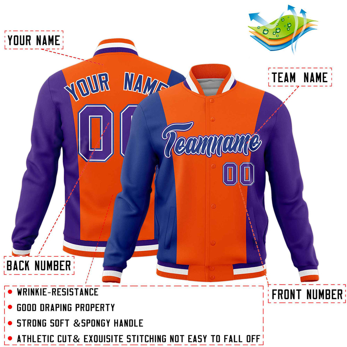 Custom Orange Royal Blue Purple Personalization Varsity Full-Snap Three Color Blocks Letterman Jacket