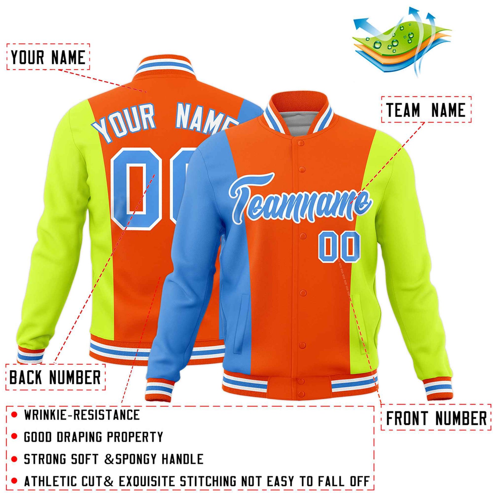 Custom Orange Powder Blue Fluorescent Green Personalization Varsity Full-Snap Three Color Blocks Letterman Jacket