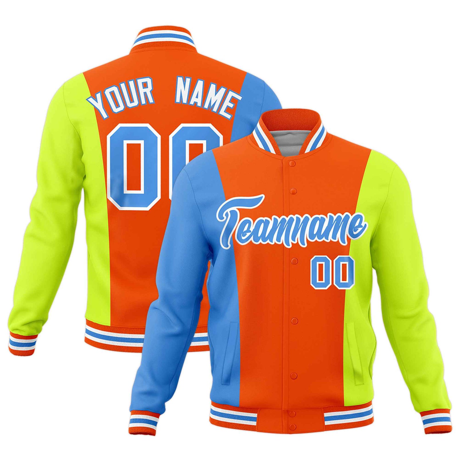 Custom Orange Powder Blue Fluorescent Green Personalization Varsity Full-Snap Three Color Blocks Letterman Jacket