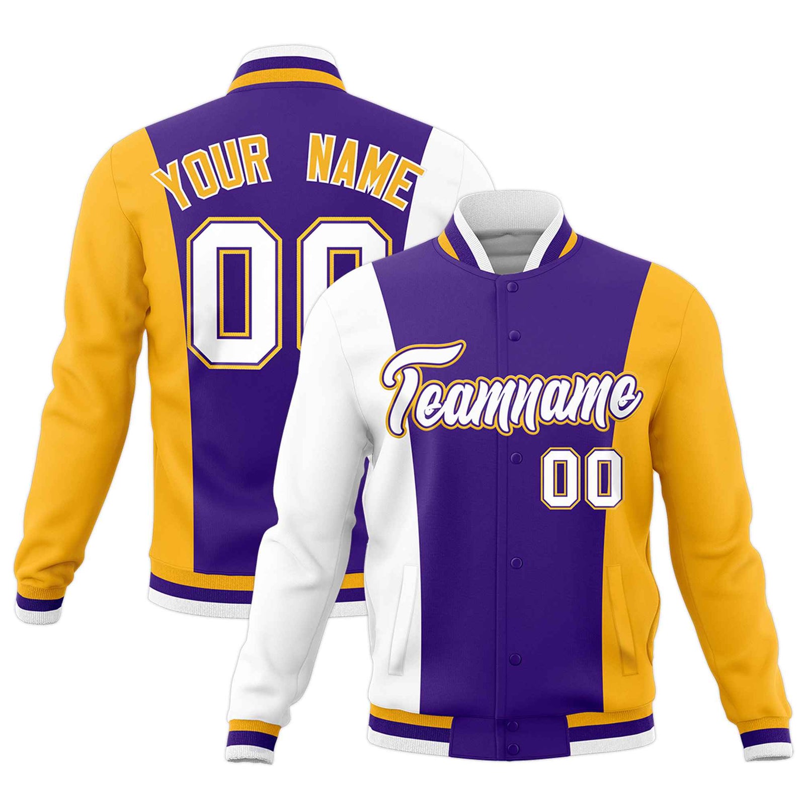 Custom Purple White Yellow Personalization Varsity Full-Snap Three Color Blocks Letterman Jacket
