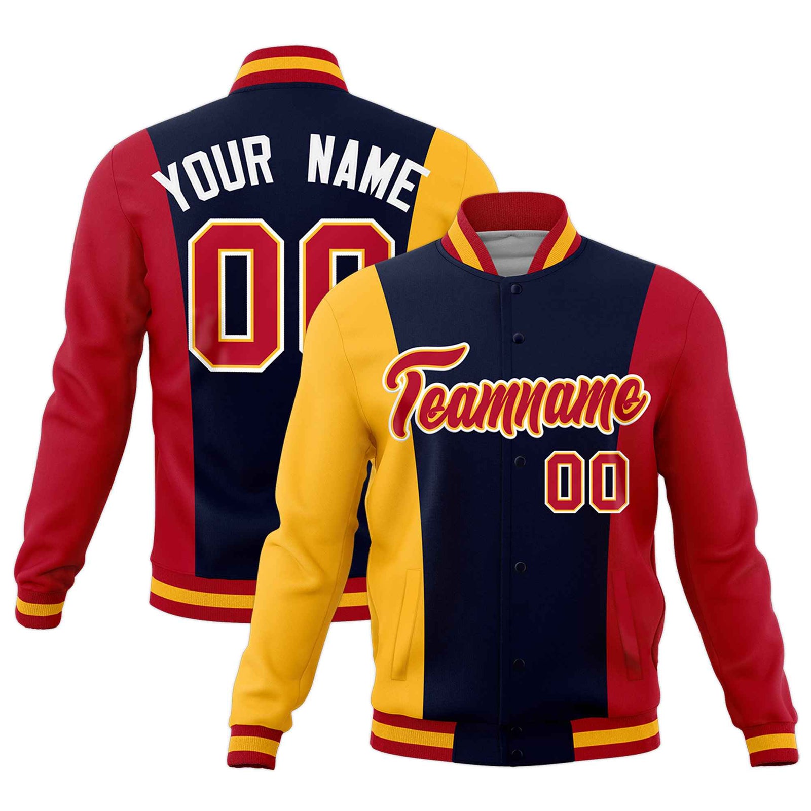Custom Navy Yellow Red Personalization Varsity Full-Snap Three Color Blocks Letterman Jacket