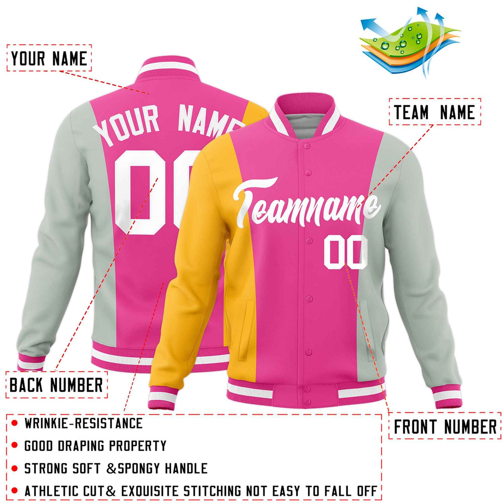 Custom Pink Yellow Gray Personalization Varsity Full-Snap Three Color Blocks Letterman Jacket