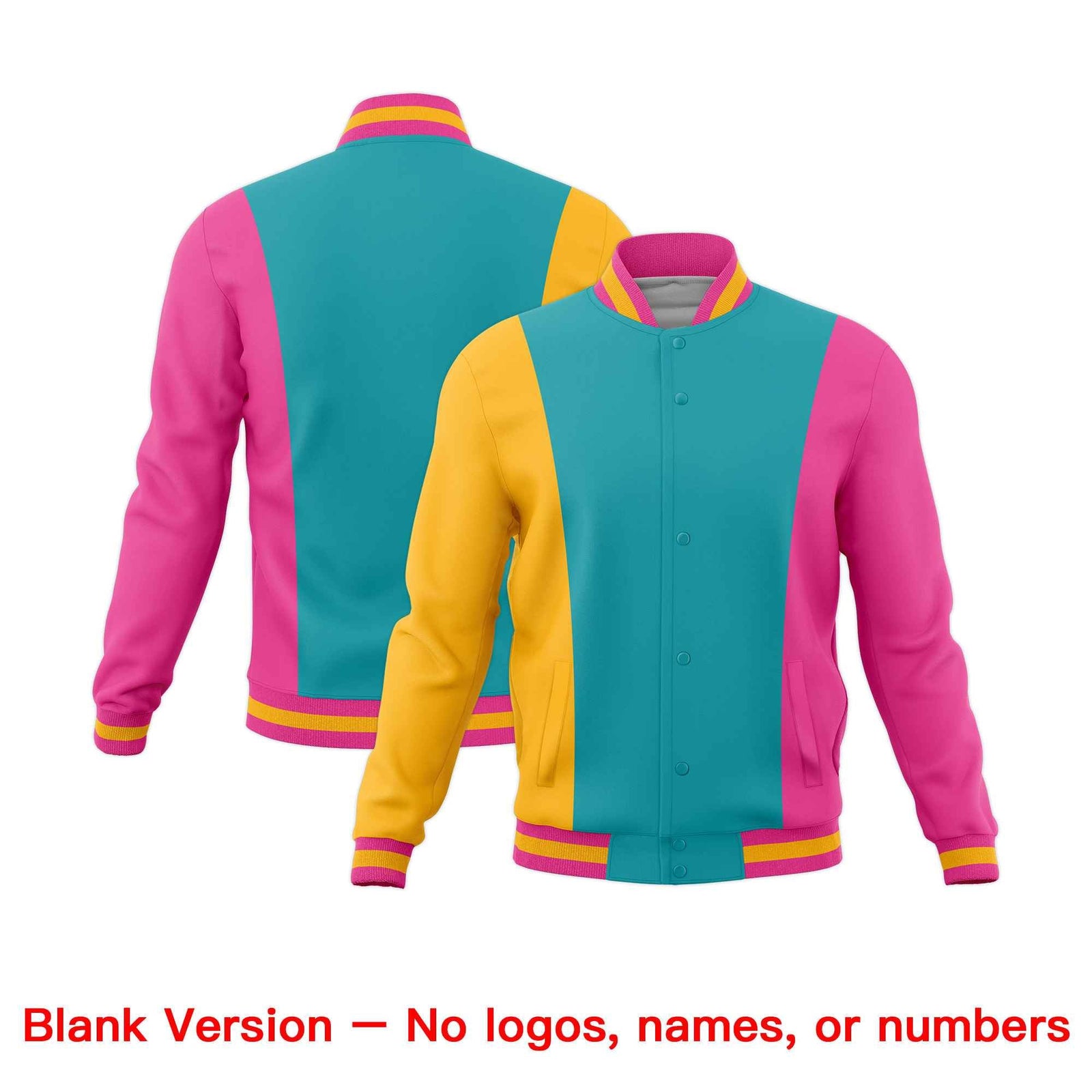 Custom Aqua Yellow Pink Personalization Varsity Full-Snap Three Color Blocks Letterman Jacket