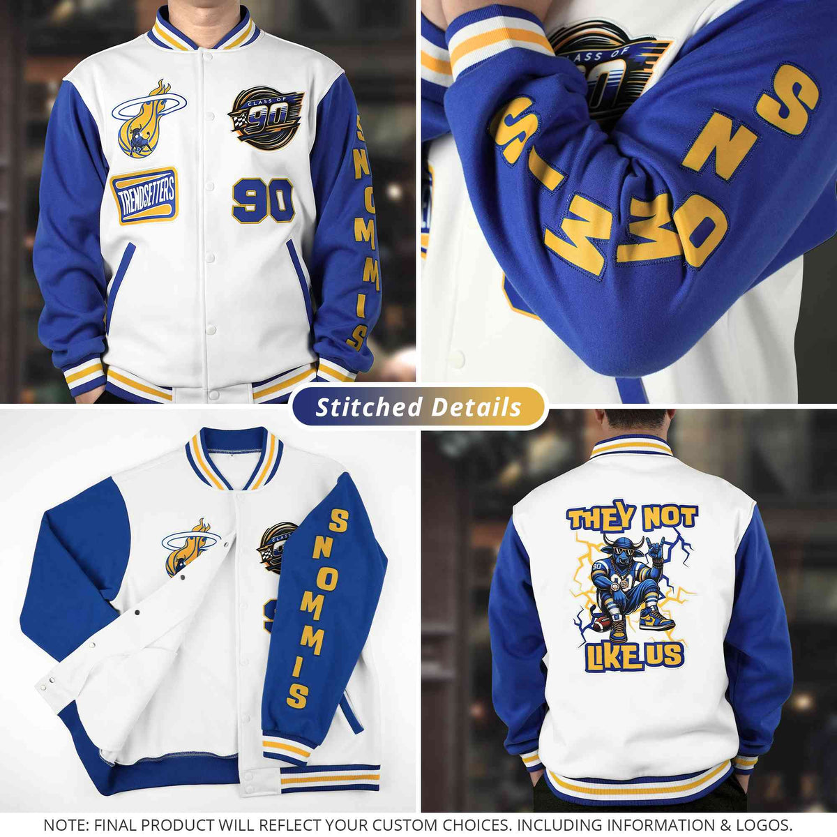 Custom Powder Blue Orange Yellow Personalization Varsity Full-Snap Three Color Blocks Letterman Jacket