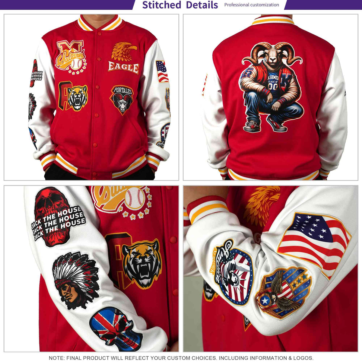 Custom White Kelly Green Red Personalization Varsity Full-Snap Three Color Blocks Letterman Jacket