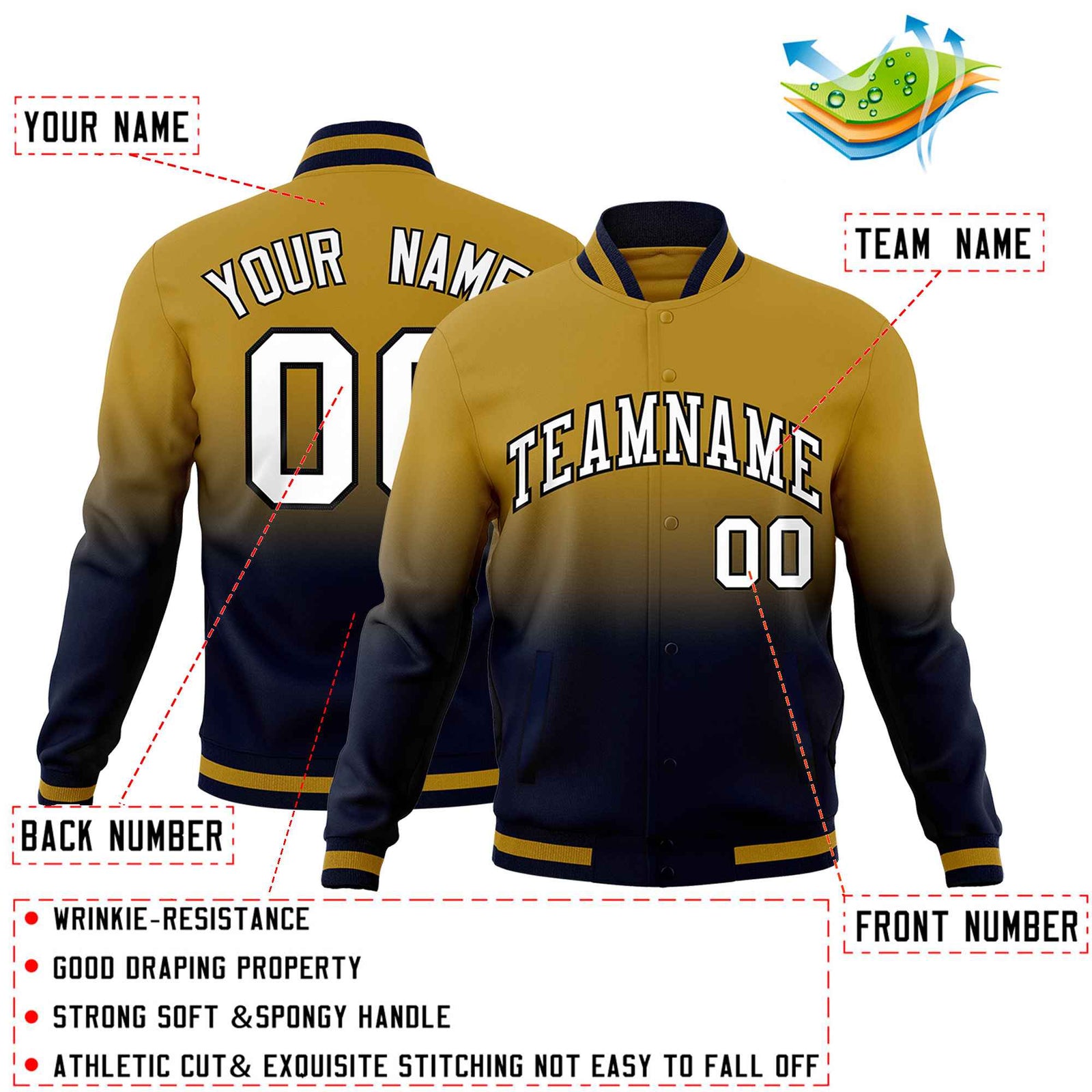 Custom Old Gold Navy Full-Snap Varsity Personalization Gradient Fashion Letterman Jacket