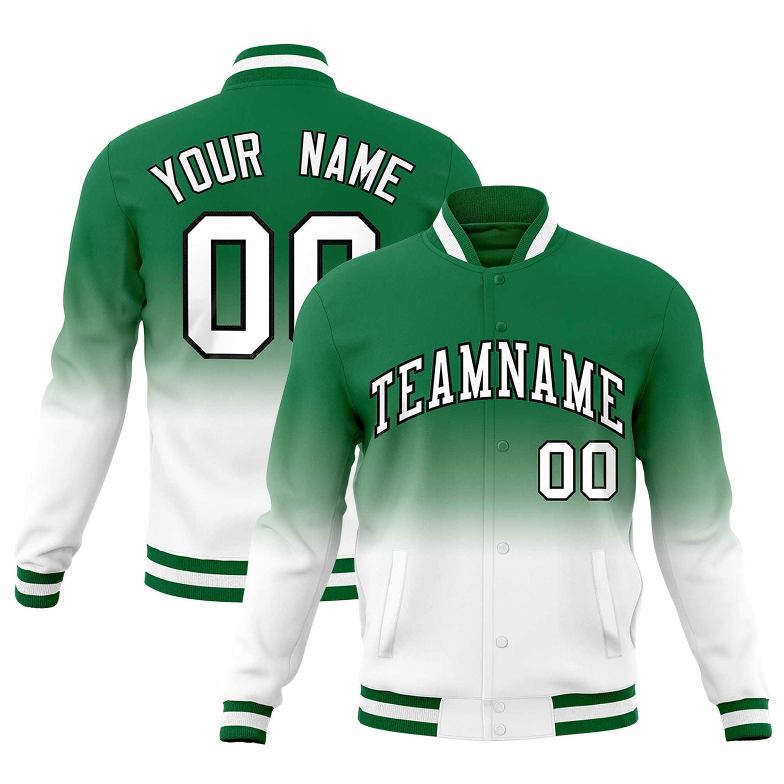 Custom Kelly Green White Full-Snap Varsity Personalization Gradient Fashion Letterman Jacket