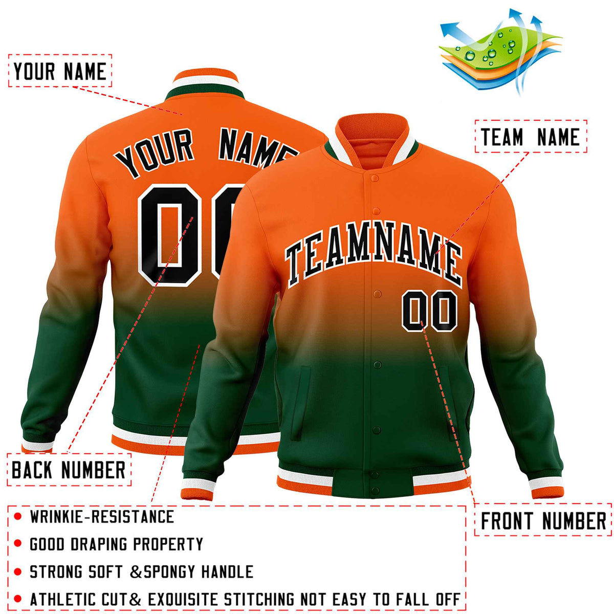 Custom Orange Green Full-Snap Varsity Personalization Gradient Fashion Letterman Jacket