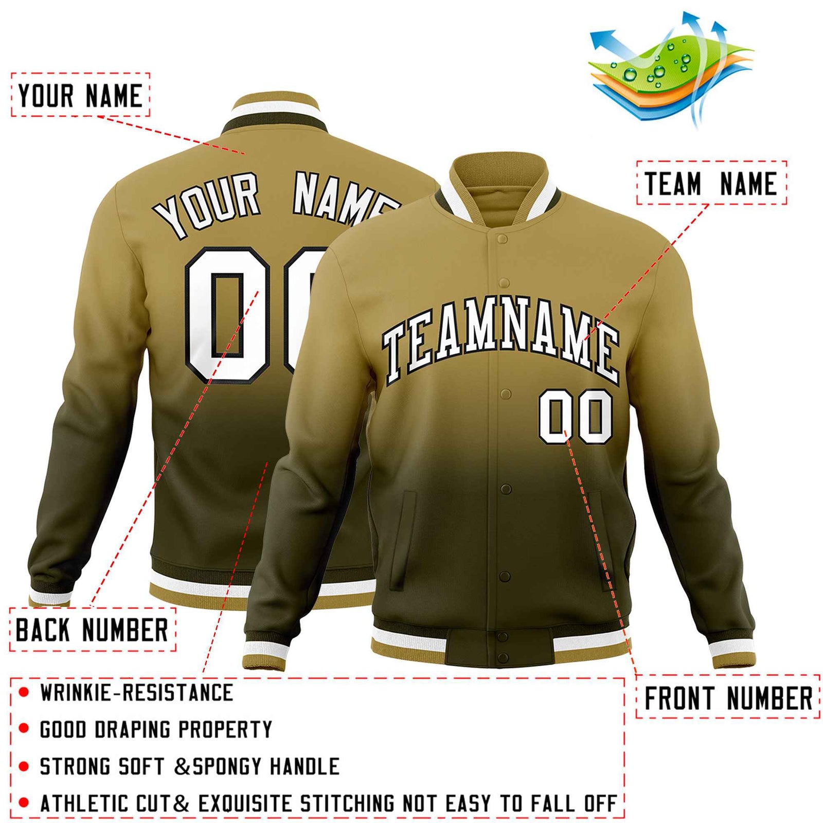 Custom Desert Yellow Olive Full-Snap Varsity Personalization Gradient Fashion Letterman Jacket