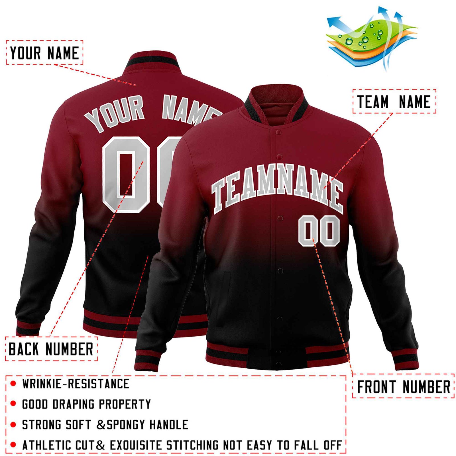 Custom Crimson Black Full-Snap Varsity Personalization Gradient Fashion Letterman Jacket