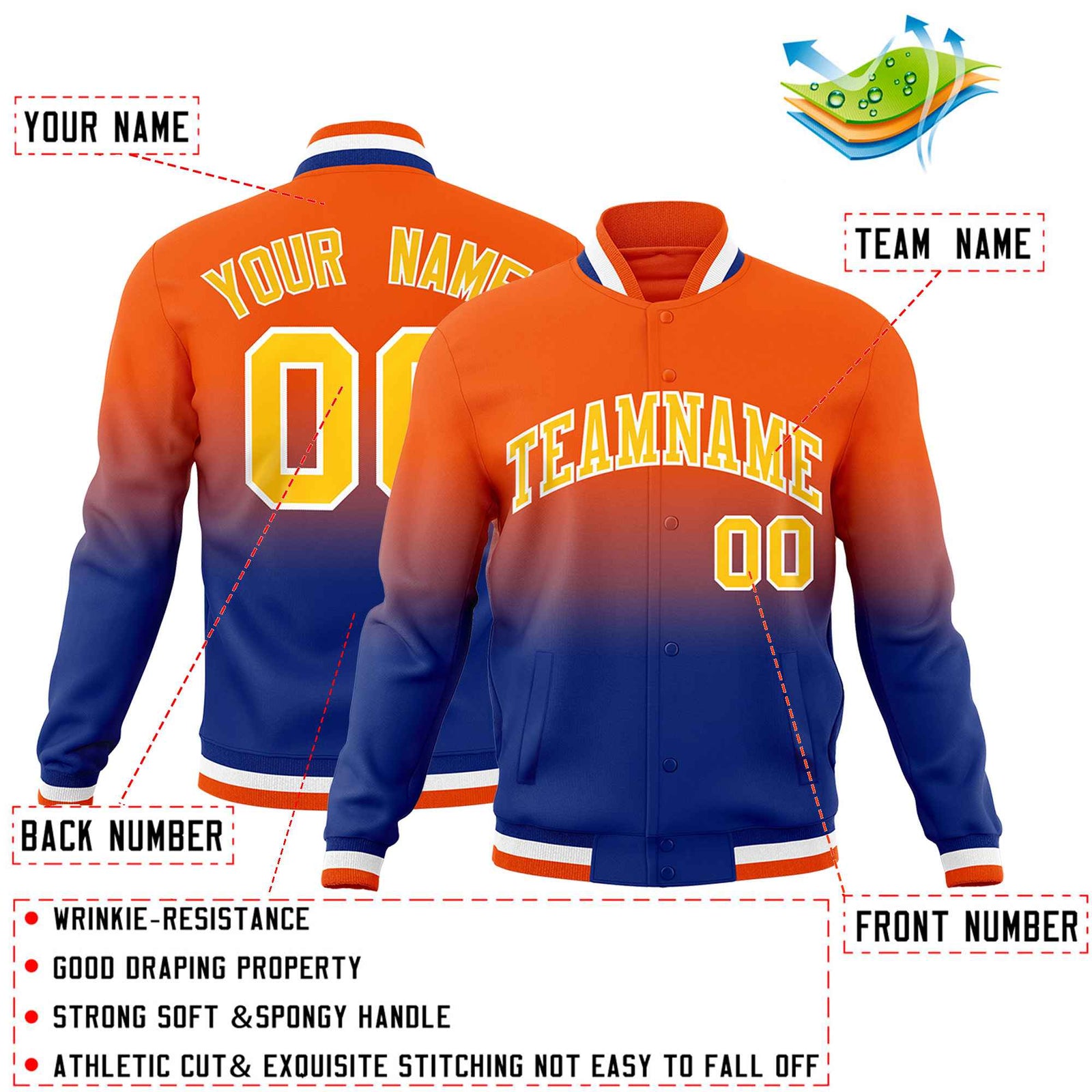 Custom Orange Royal Full-Snap Varsity Personalization Gradient Fashion Letterman Jacket