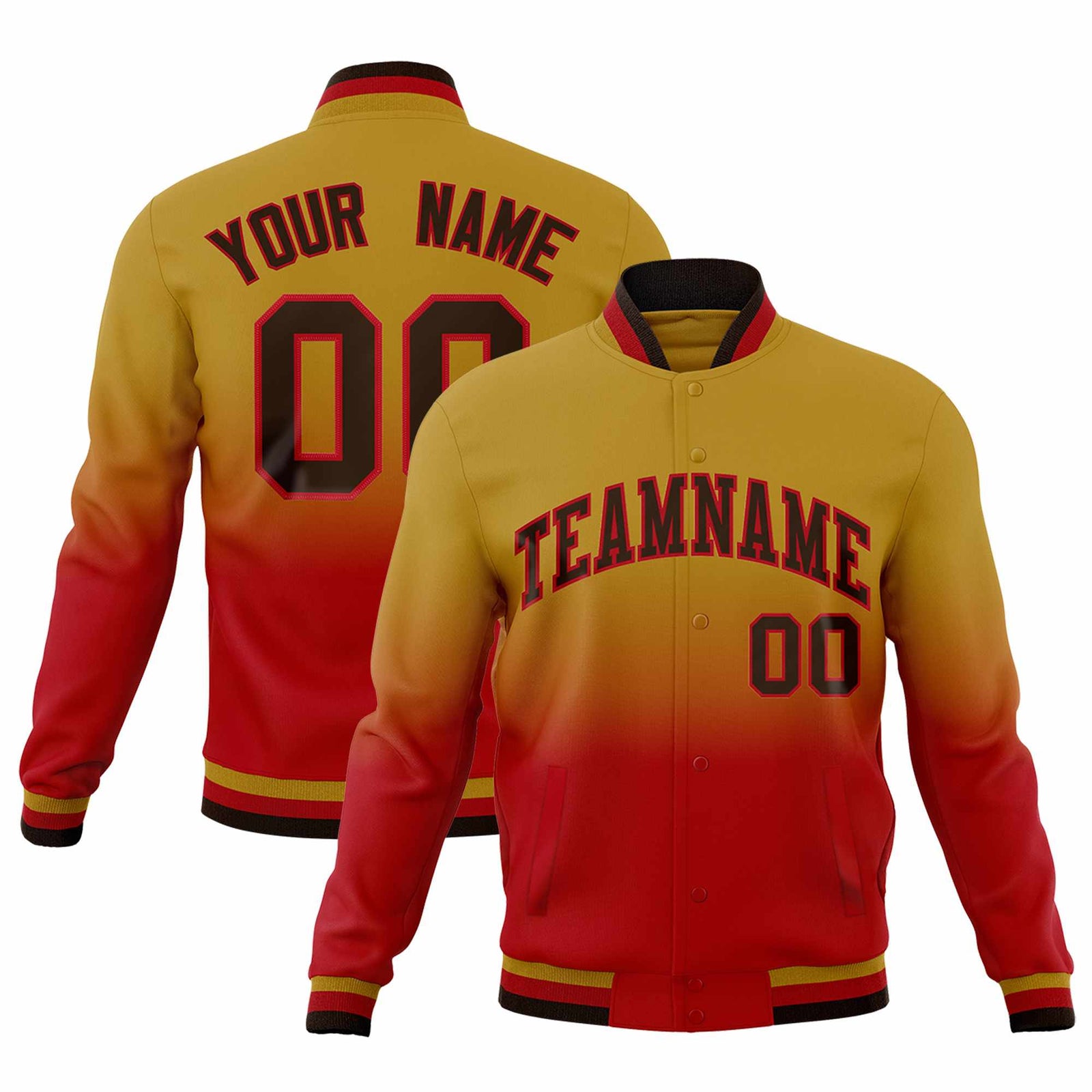 Custom Old Gold Red Full-Snap Varsity Personalization Gradient Fashion Letterman Jacket