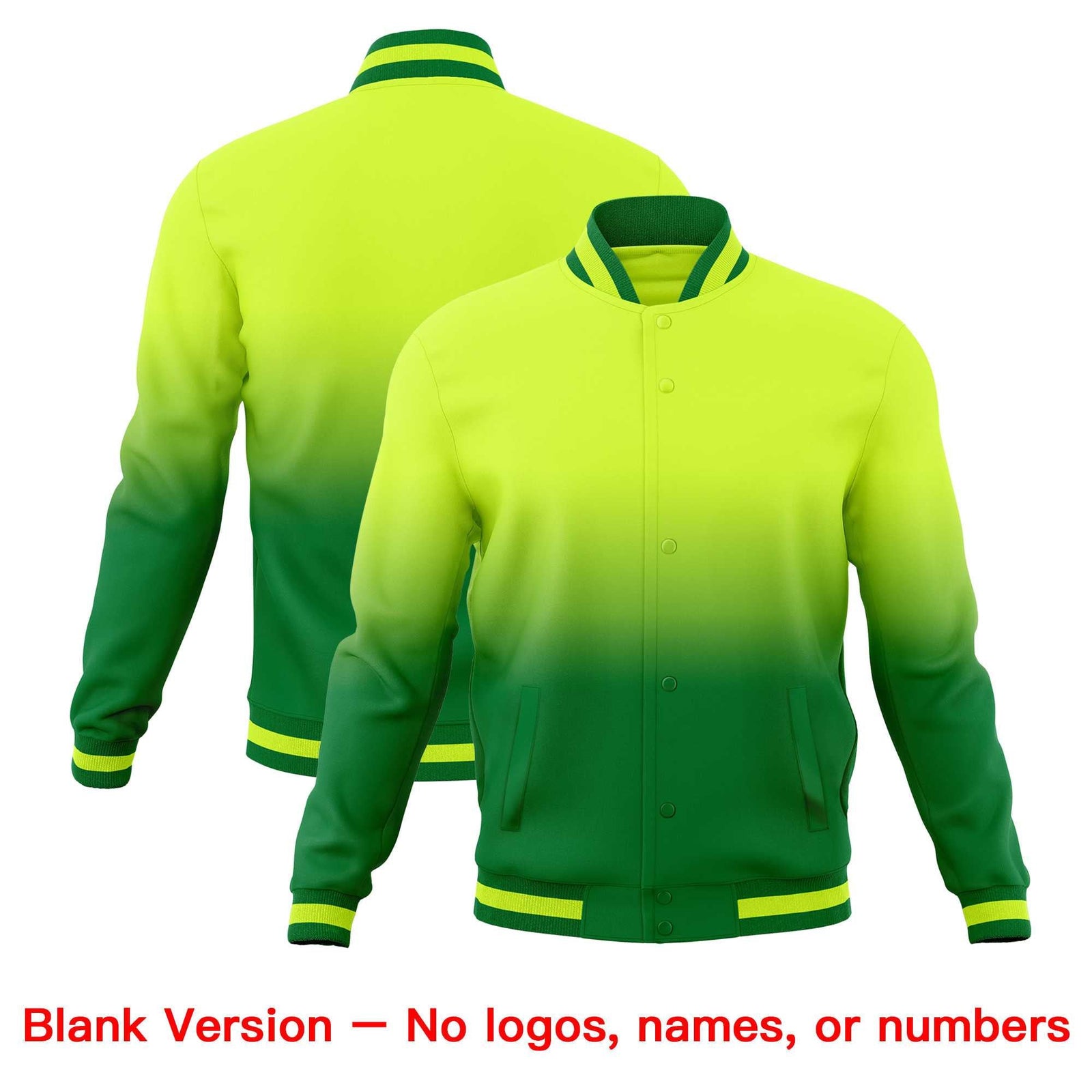 Custom Neon Green Kelly Green Full-Snap Varsity Personalization Gradient Fashion Letterman Jacket