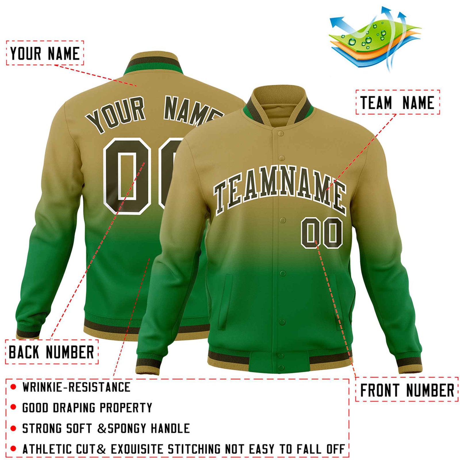 Custom Desert Yellow Kelly Green Full-Snap Varsity Personalization Gradient Fashion Letterman Jacket