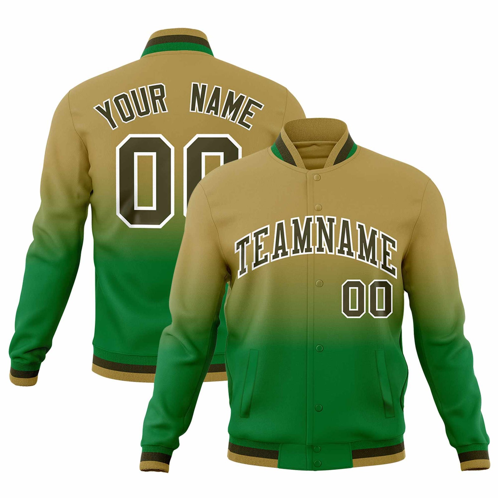 Custom Desert Yellow Kelly Green Full-Snap Varsity Personalization Gradient Fashion Letterman Jacket