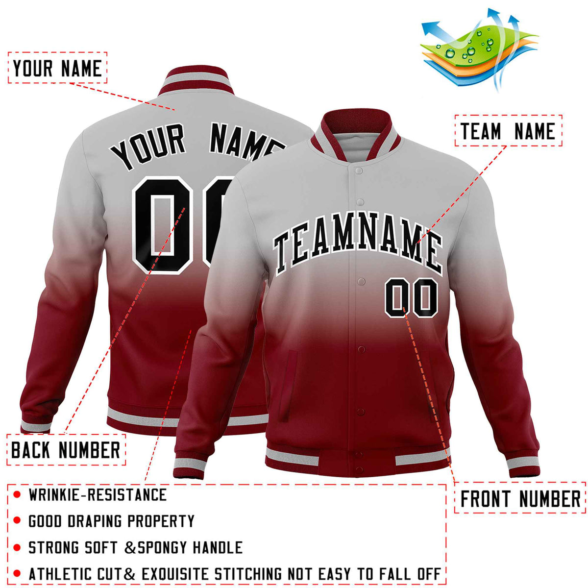 Custom Gray Crimson Full-Snap Varsity Personalization Gradient Fashion Letterman Jacket