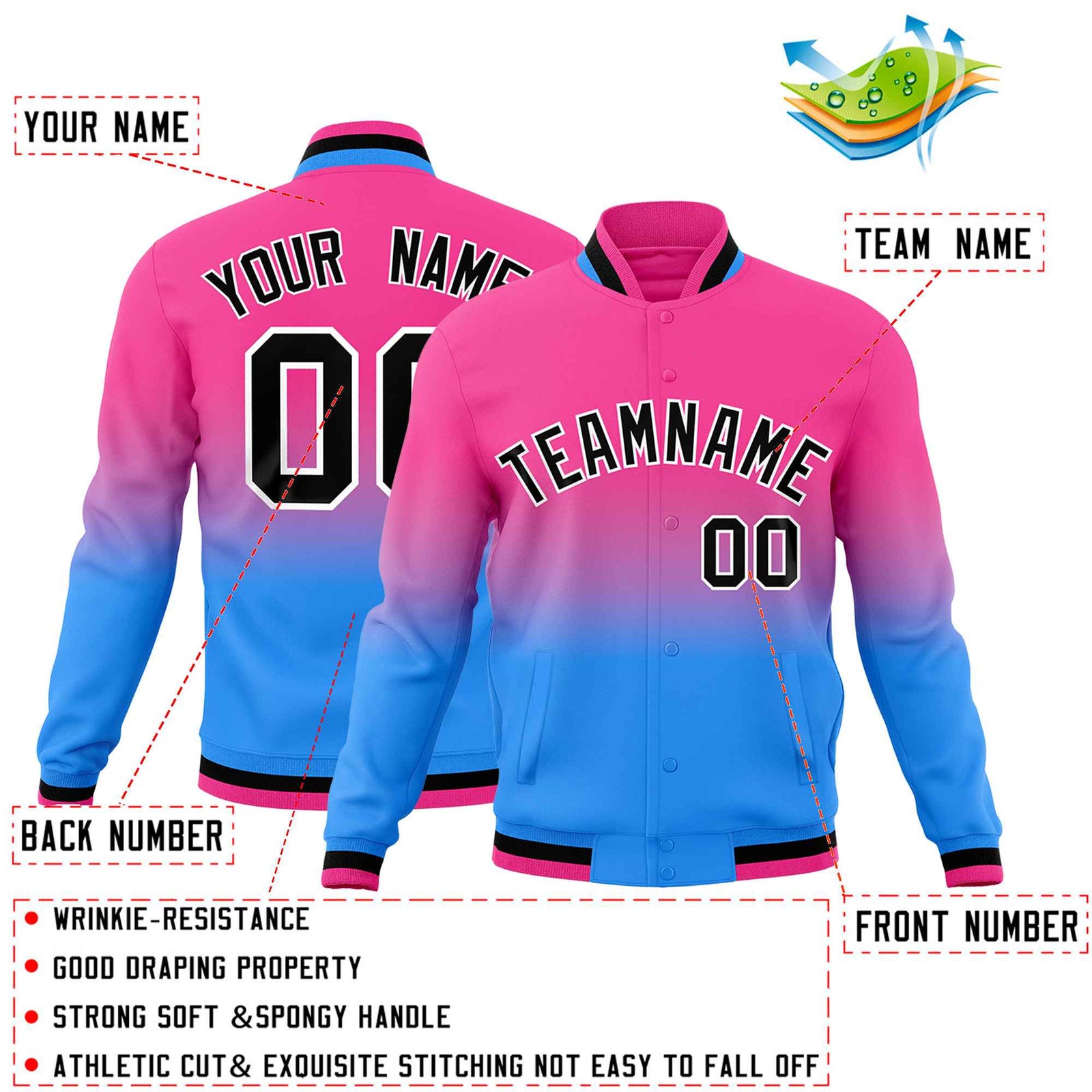 Custom Pink Powder Blue Full-Snap Varsity Personalization Gradient Fashion Letterman Jacket