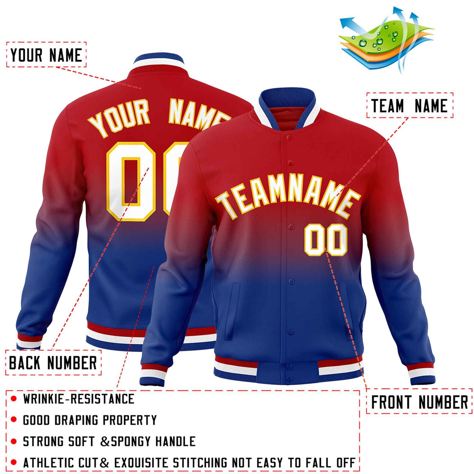 Custom Red Royal Full-Snap Varsity Personalization Gradient Fashion Letterman Jacket