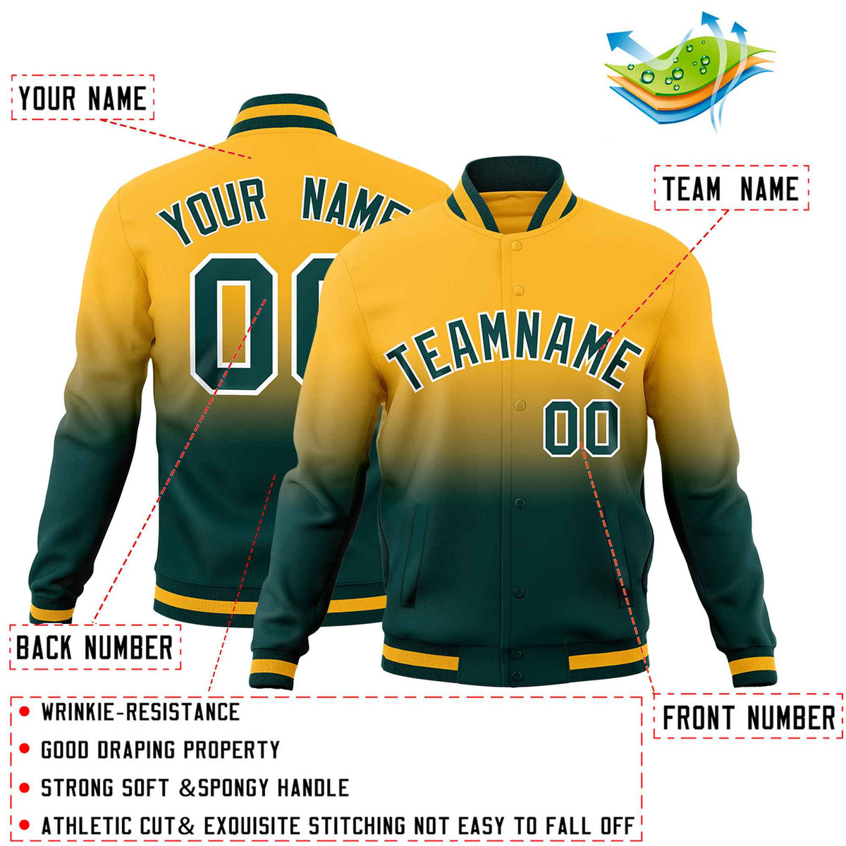 Custom Gold Midnight Green Full-Snap Varsity Personalization Gradient Fashion Letterman Jacket