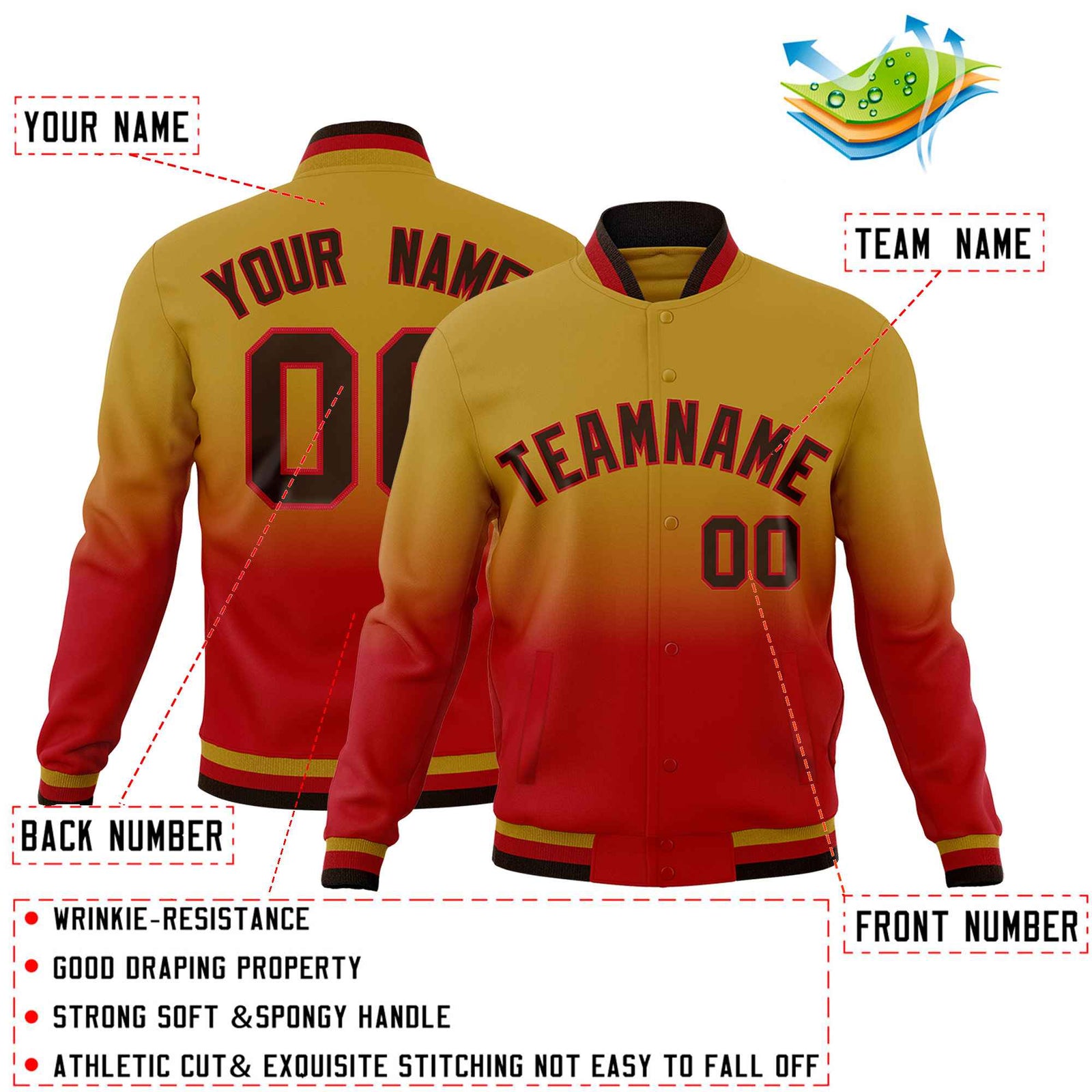 Custom Old Gold Red Full-Snap Varsity Personalization Gradient Fashion Letterman Jacket