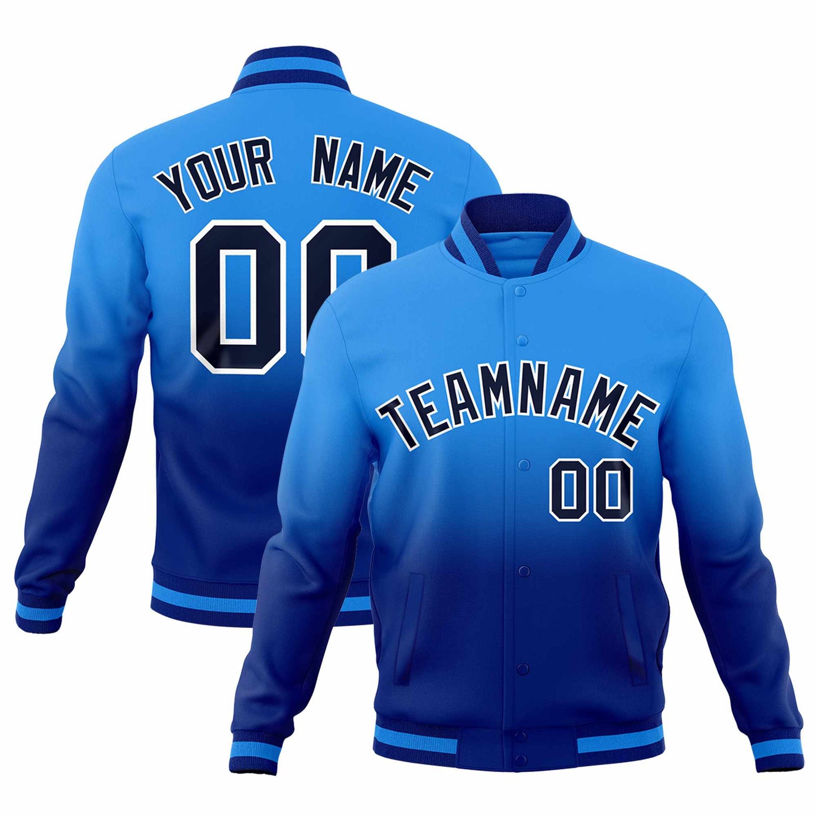 Custom Powder Blue Royal Full-Snap Varsity Personalization Gradient Fashion Letterman Jacket