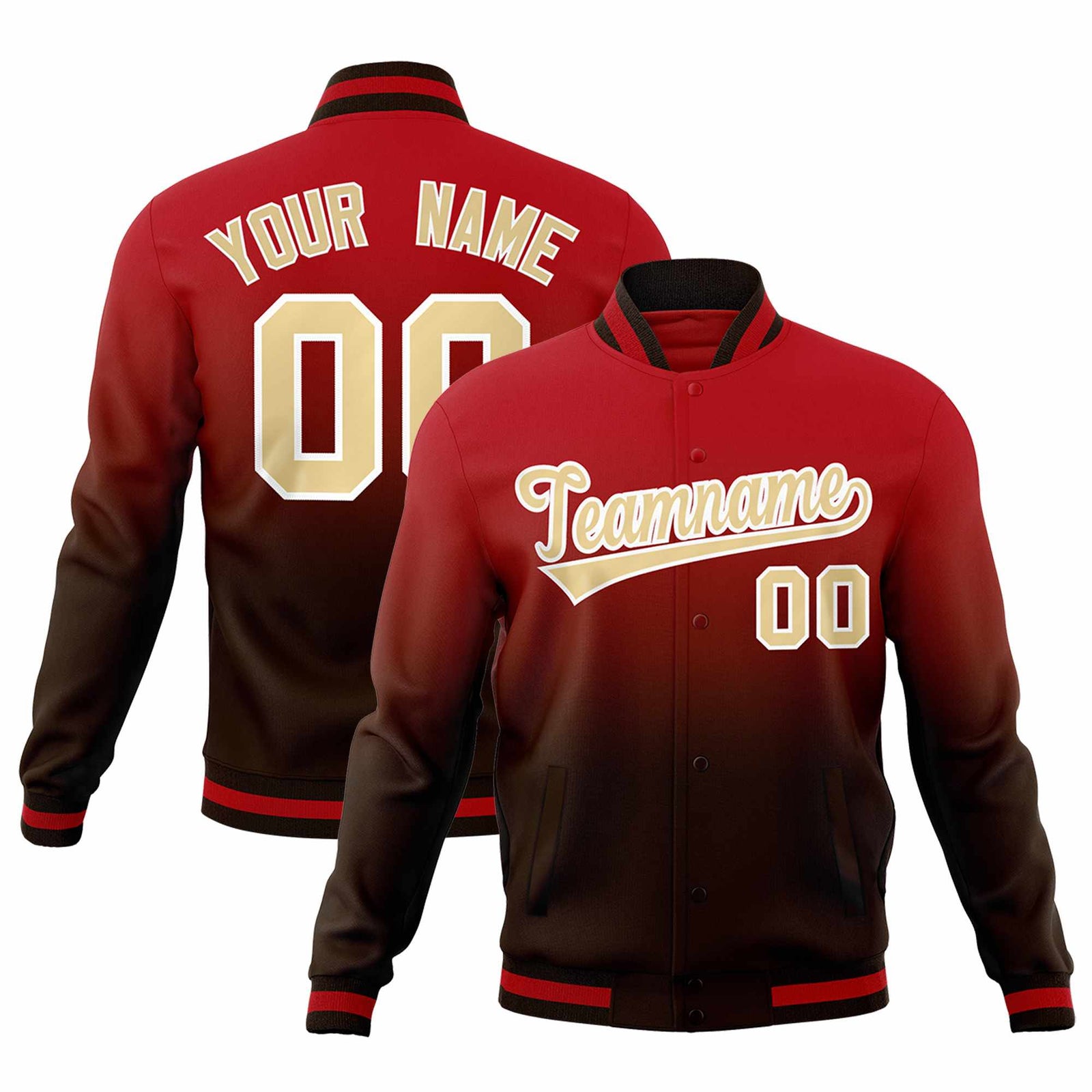 Custom Brown Red Full-Snap Varsity Personalization Gradient Fashion Letterman Jacket| KXKSHOP
