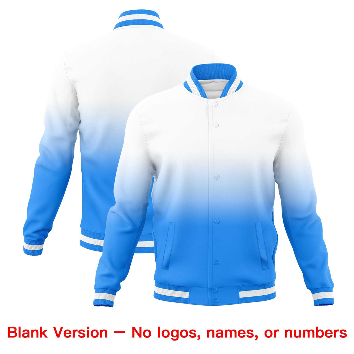 Custom White Powder Blue Full-Snap Varsity Personalization Gradient Fashion Letterman Jacket| KXKSHOP