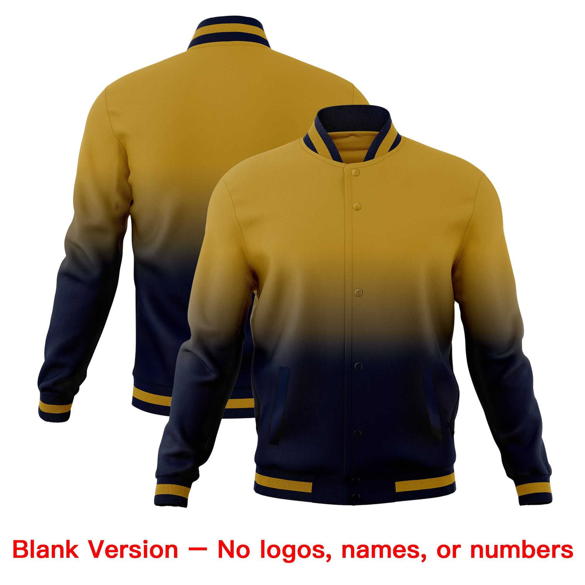 Custom Old Gold Navy Full-Snap Varsity Personalization Gradient Fashion Letterman Jacket| KXKSHOP