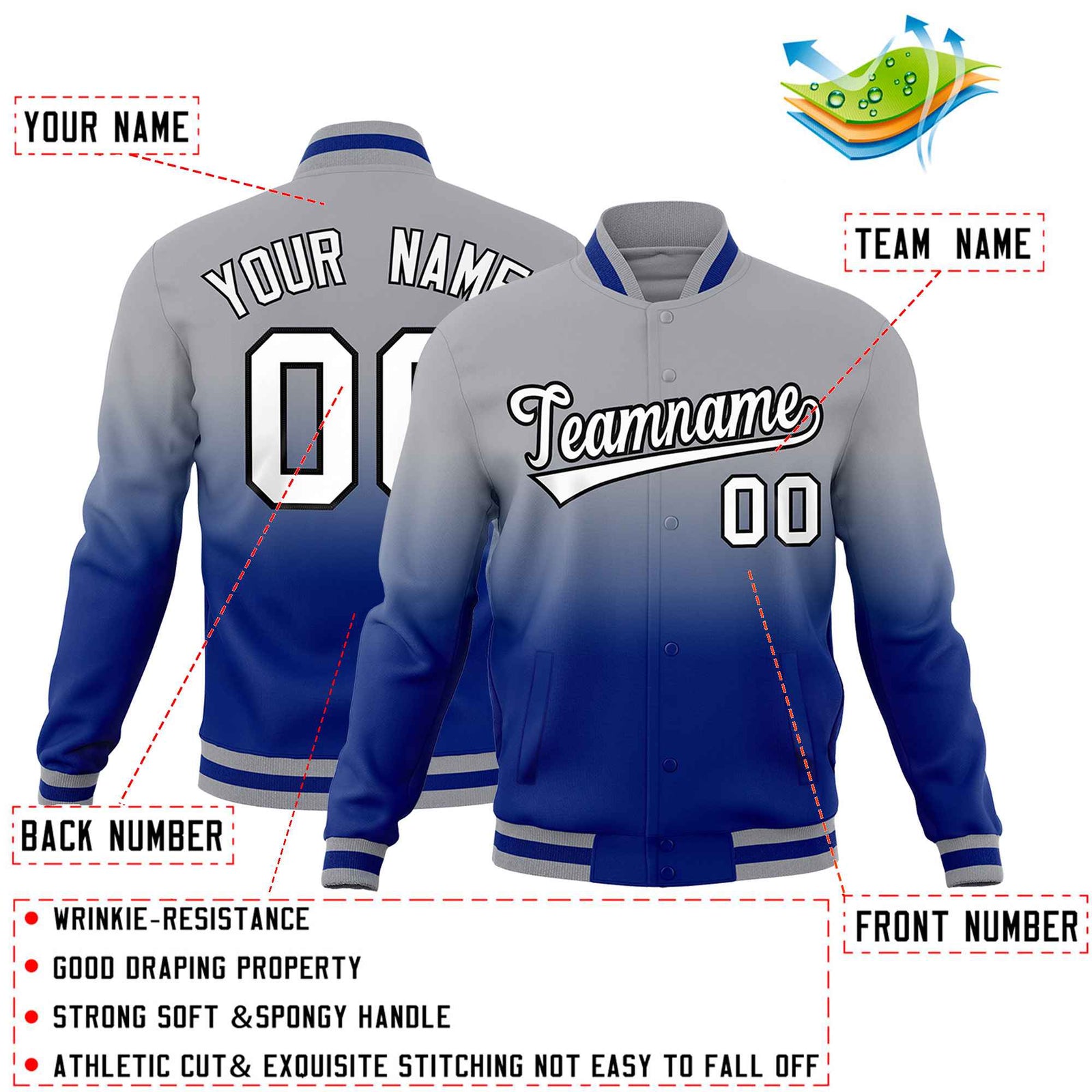 Custom Gray Royal Blue Full-Snap Varsity Personalization Gradient Fashion Letterman Jacket| KXKSHOP