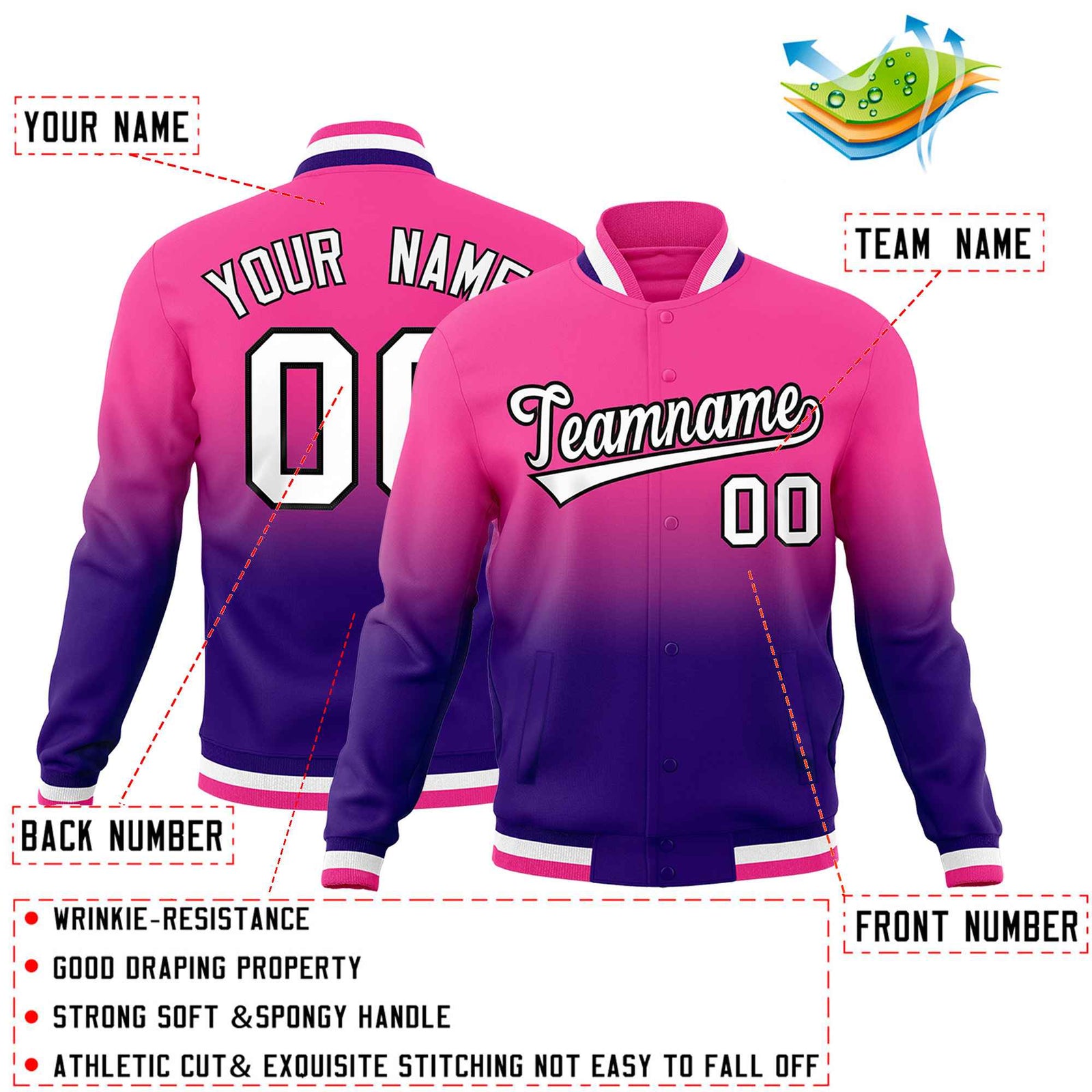 Custom Purple Pink Full-Snap Varsity Personalization Gradient Fashion Letterman Jacket| KXKSHOP