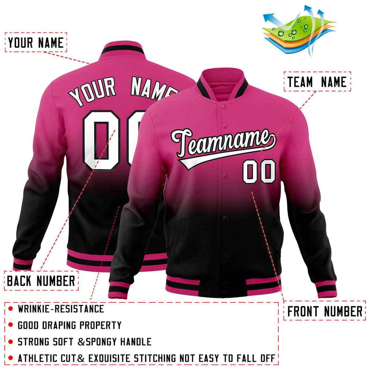 Custom Rose Red Black Full-Snap Varsity Personalization Gradient Fashion Letterman Jacket| KXKSHOP