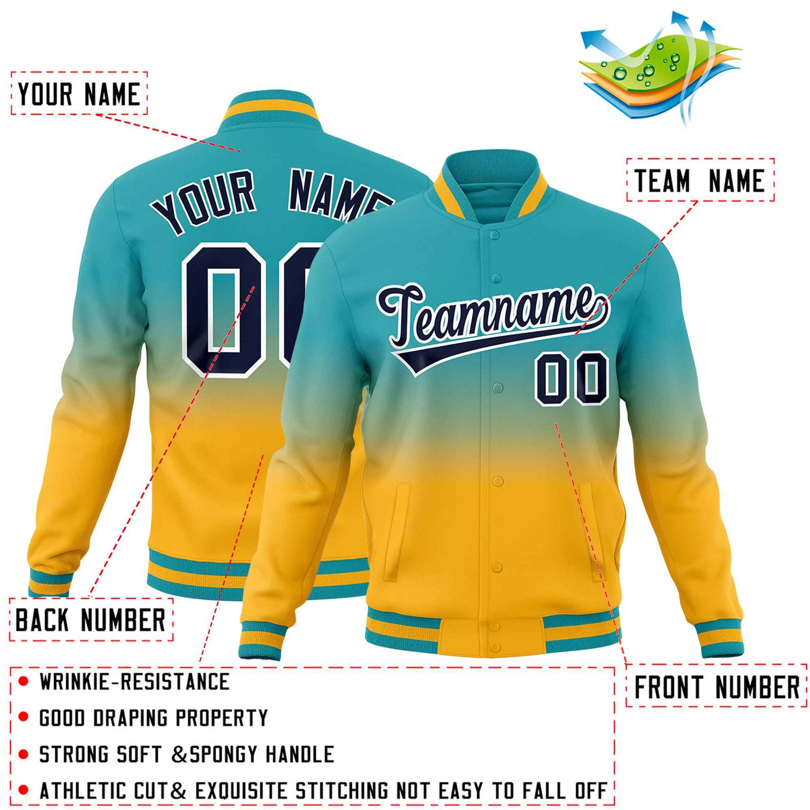 Custom Aqua Gold Full-Snap Varsity Personalization Gradient Fashion Letterman Jacket| KXKSHOP