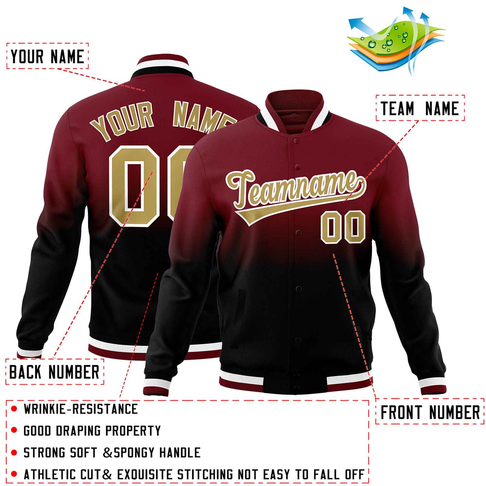 Custom Crimson Black Full-Snap Varsity Personalization Gradient Fashion Letterman Jacket| KXKSHOP