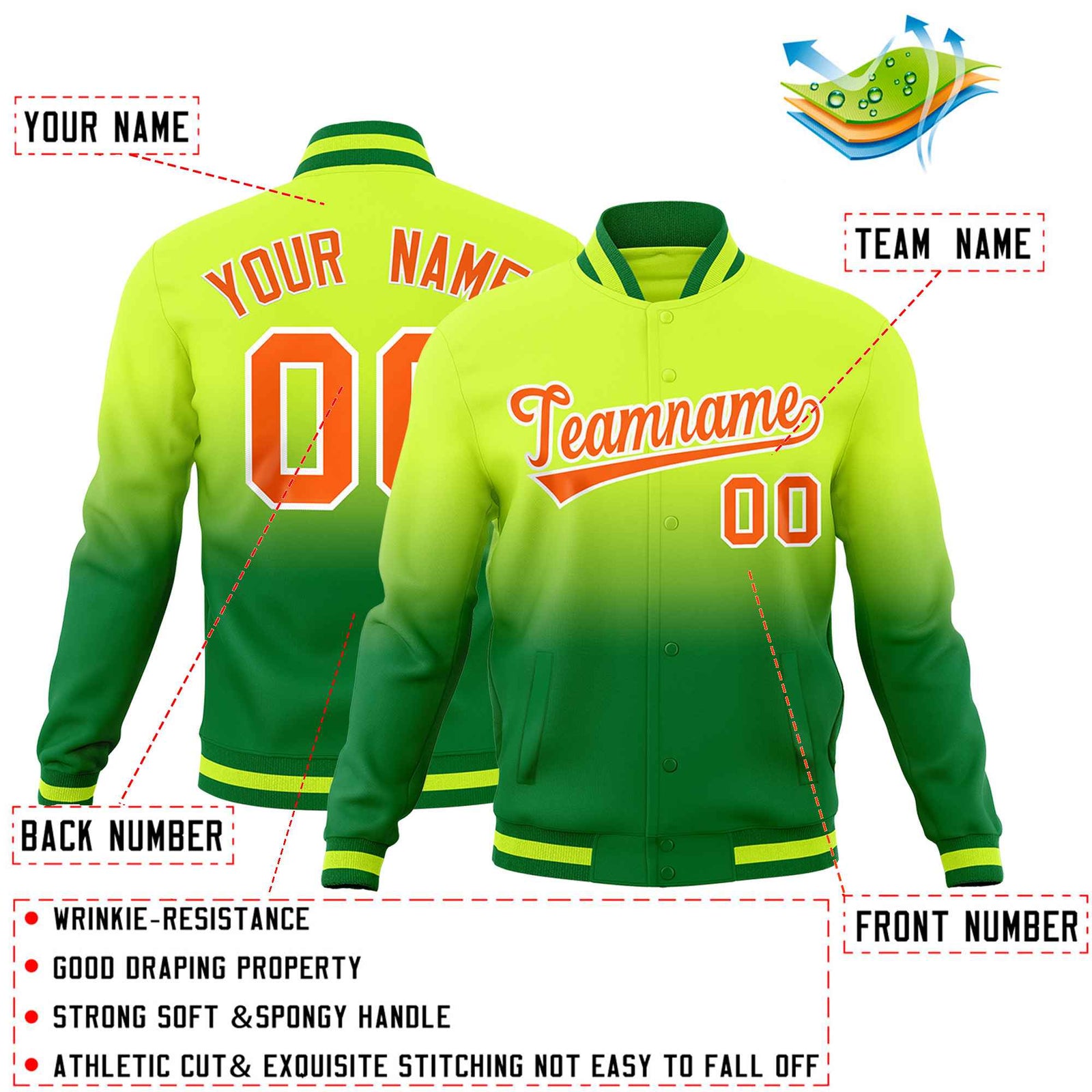 Custom Neon Green Kelly Green Full-Snap Varsity Personalization Gradient Fashion Letterman Jacket| KXKSHOP