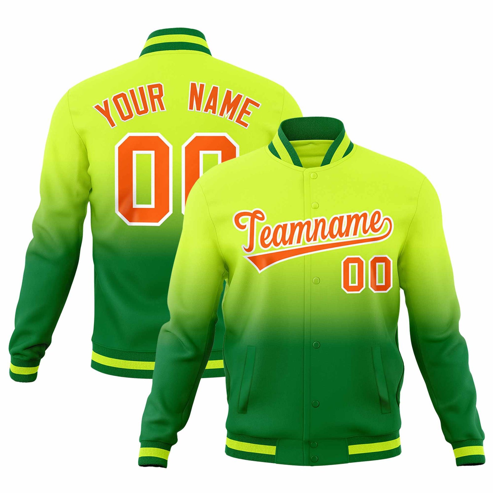 Custom Neon Green Kelly Green Full-Snap Varsity Personalization Gradient Fashion Letterman Jacket| KXKSHOP
