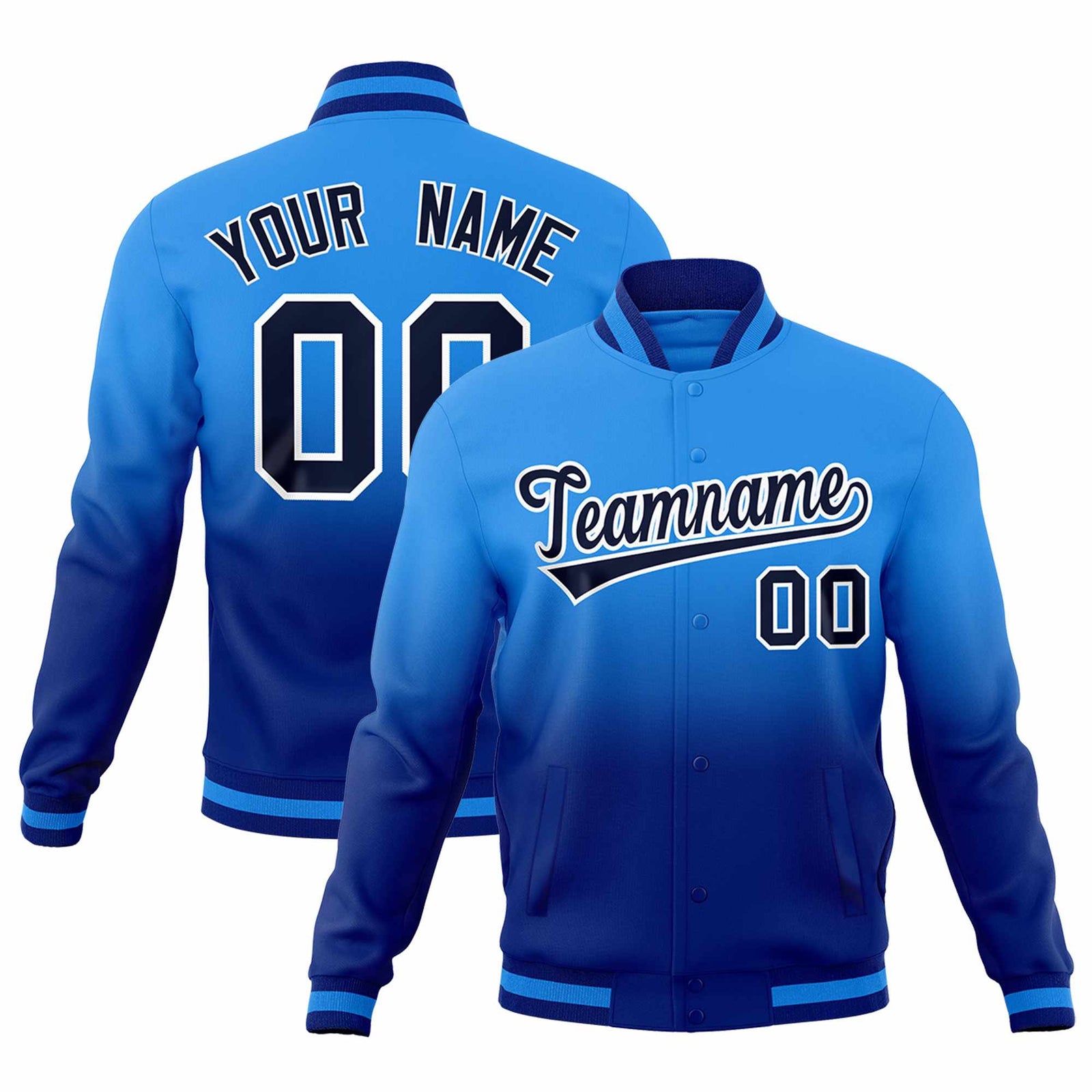 Custom Powder Blue Royal Full-Snap Varsity Personalization Gradient Fashion Letterman Jacket| KXKSHOP