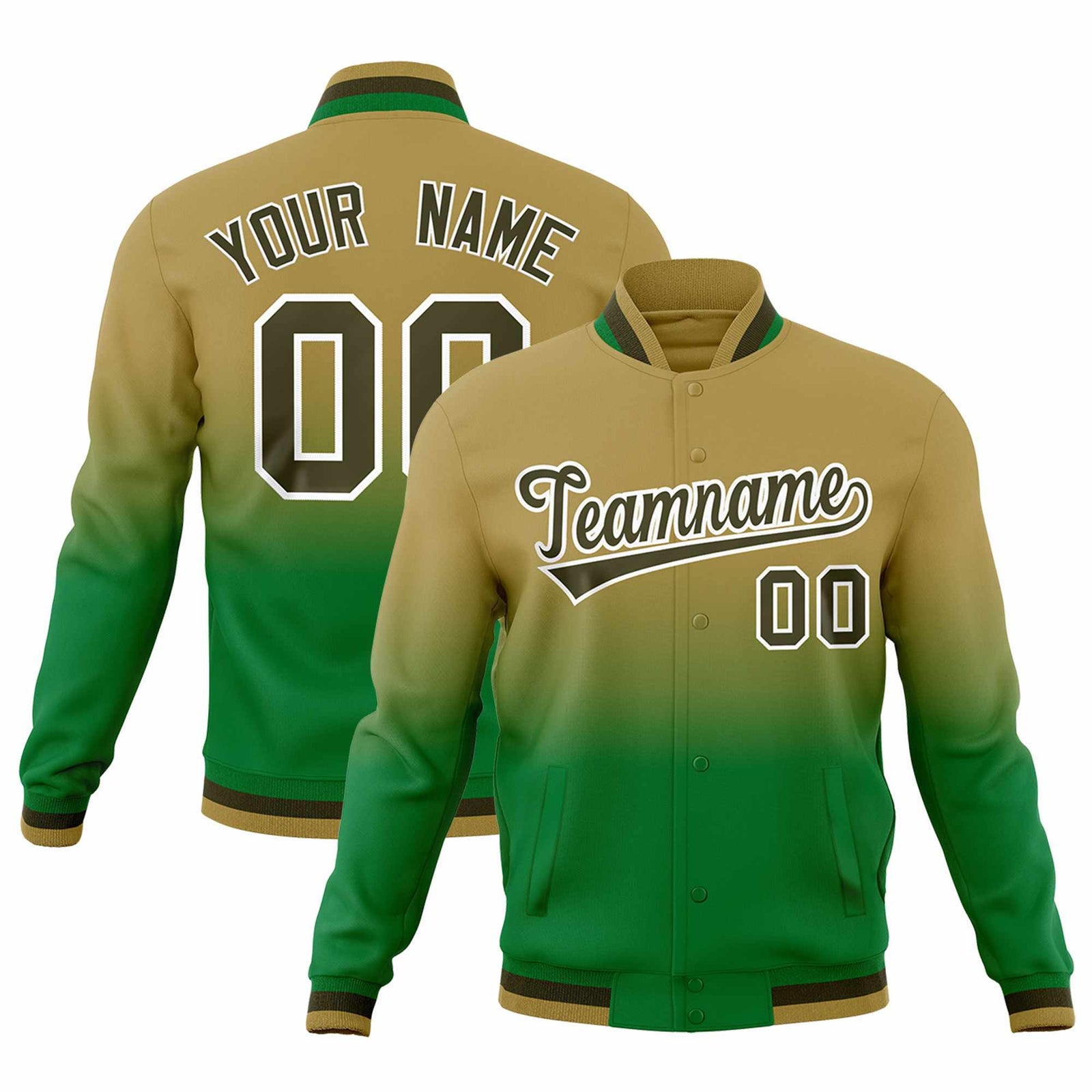 Custom Desert Yellow Kelly Green Full-Snap Varsity Personalization Gradient Fashion Letterman Jacket| KXKSHOP