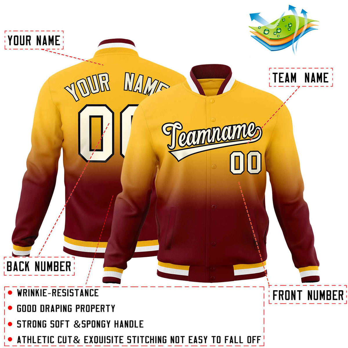 Custom Gold Crimson Full-Snap Varsity Personalization Gradient Fashion Letterman Jacket| KXKSHOP