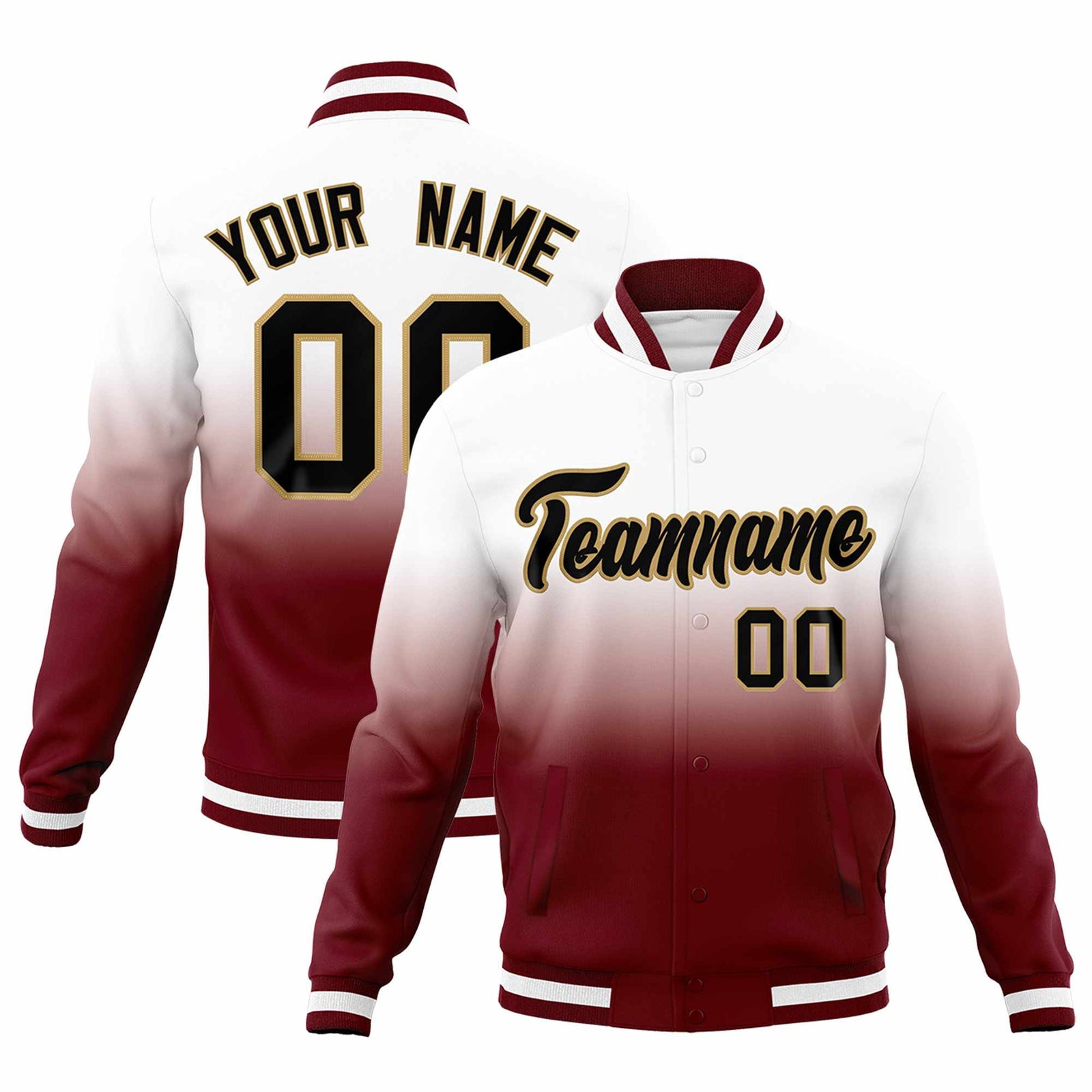 Custom White Crimson Full-Snap Varsity Personalization Gradient Fashion Letterman Jacket