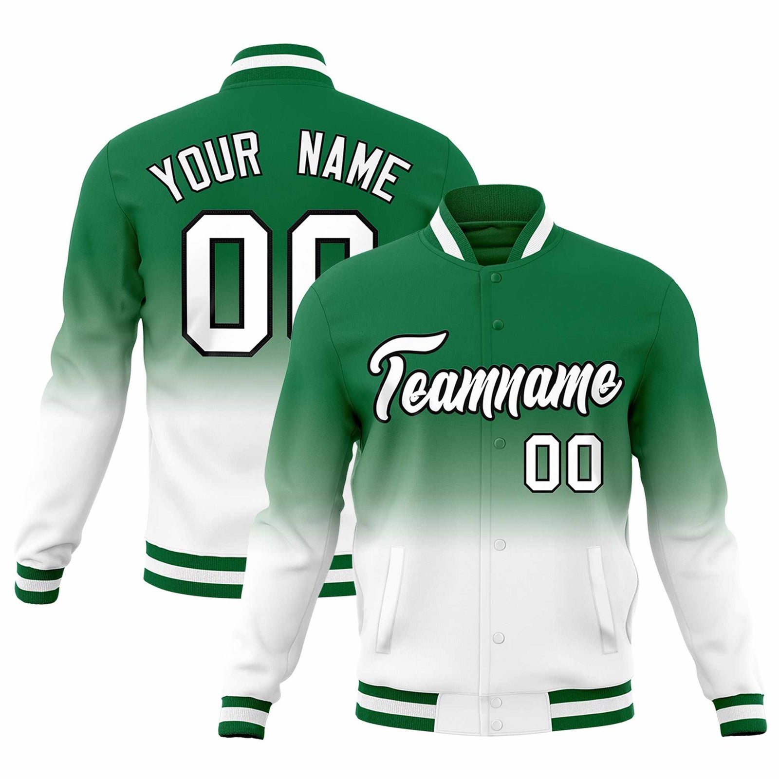 Custom Kelly Green White Full-Snap Varsity Personalization Gradient Fashion Letterman Jacket