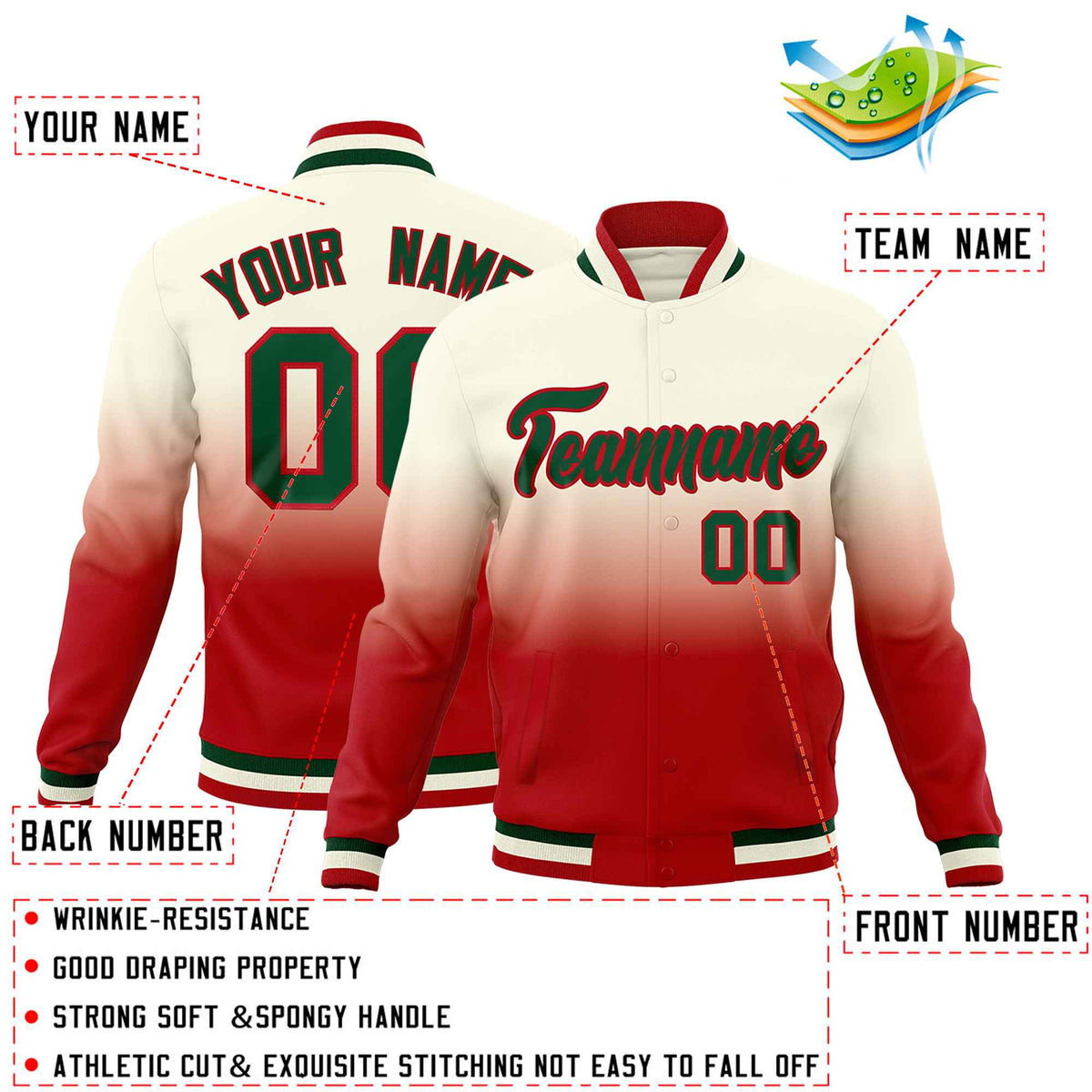 Custom Cream Red Full-Snap Varsity Personalization Gradient Fashion Letterman Jacket