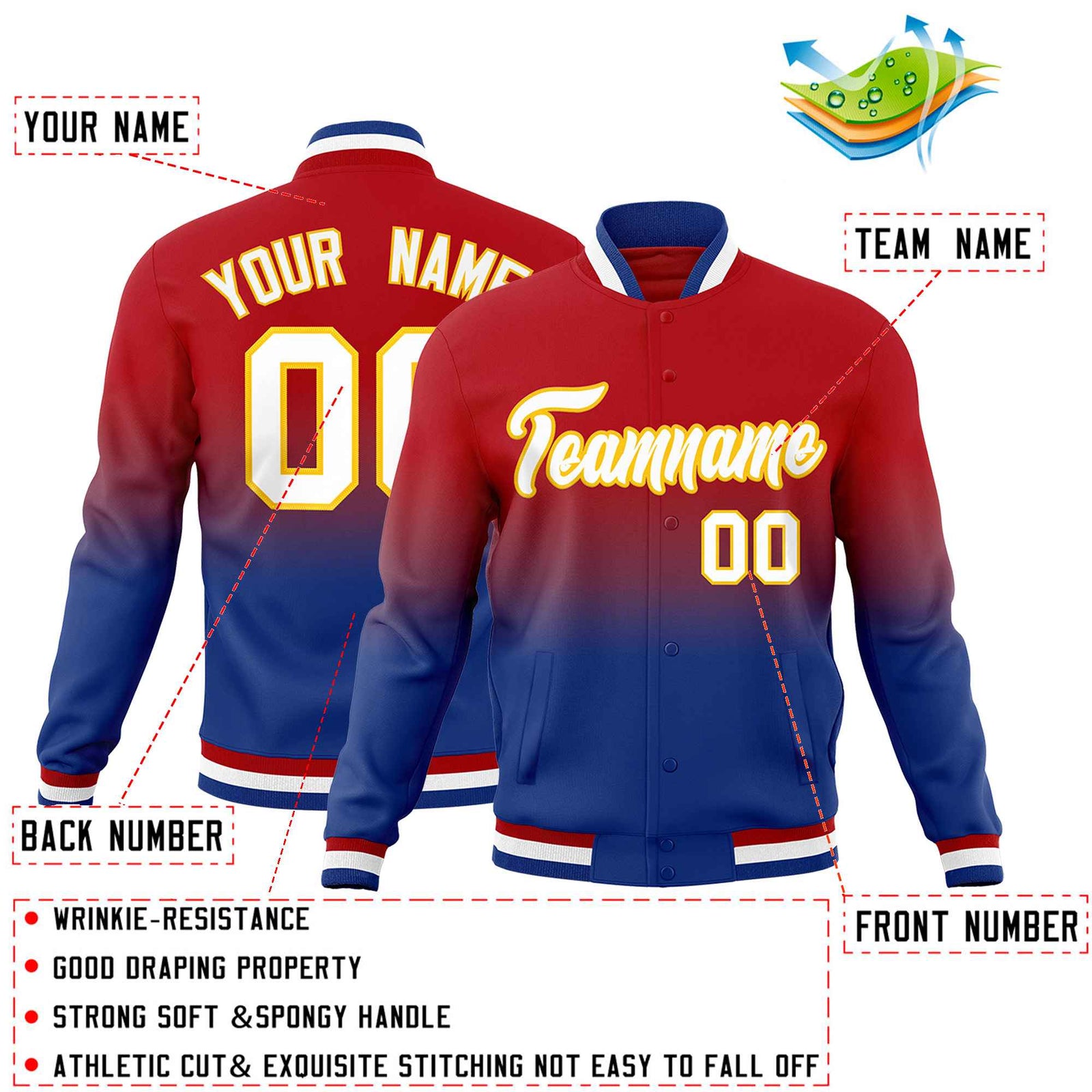 Custom Red Royal Full-Snap Varsity Personalization Gradient Fashion Letterman Jacket