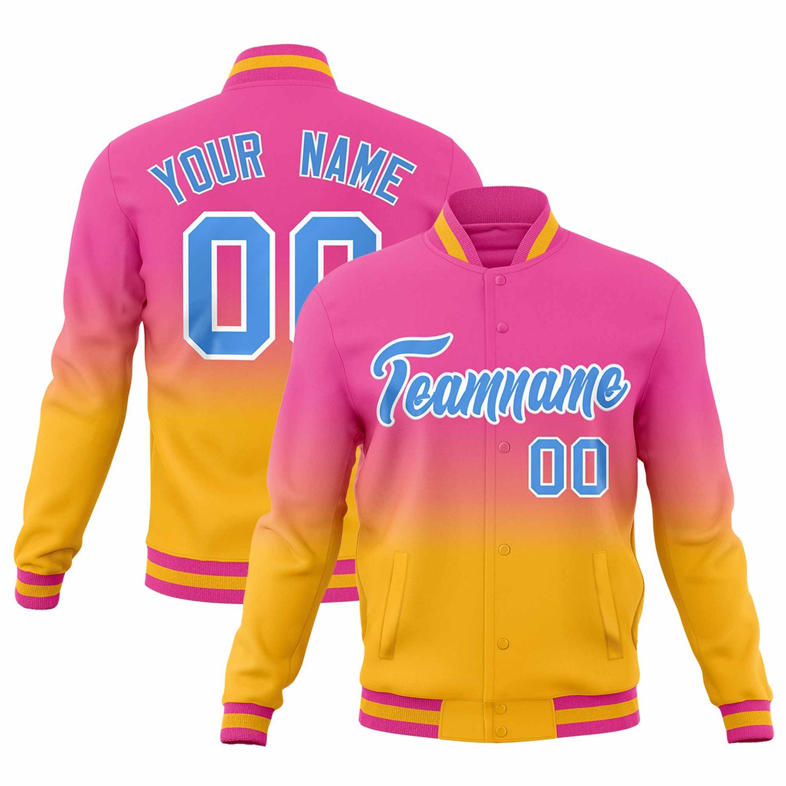 Custom Pink Gold Full-Snap Varsity Personalization Gradient Fashion Letterman Jacket