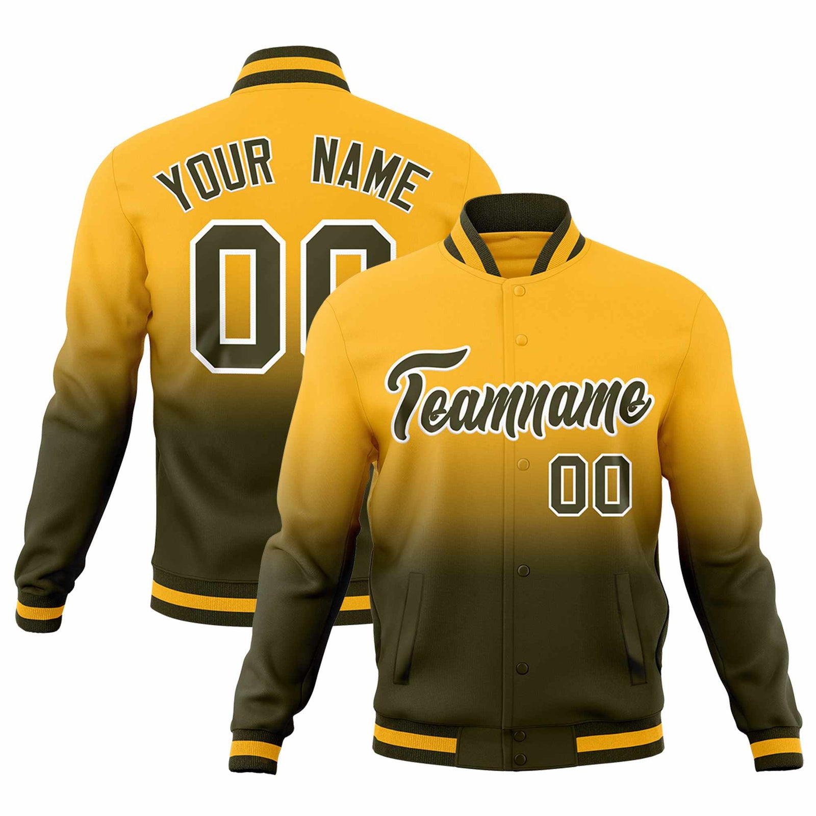 Custom Gold Olive Full-Snap Varsity Personalization Gradient Fashion Letterman Jacket