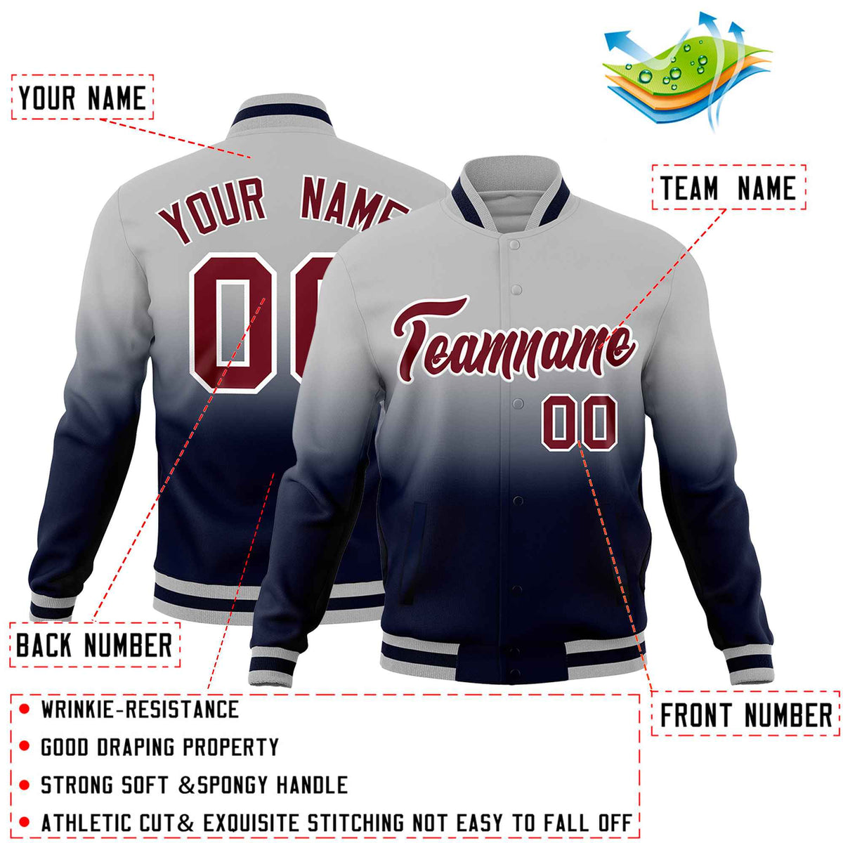 Custom Gray Navy Full-Snap Varsity Personalization Gradient Fashion Letterman Jacket