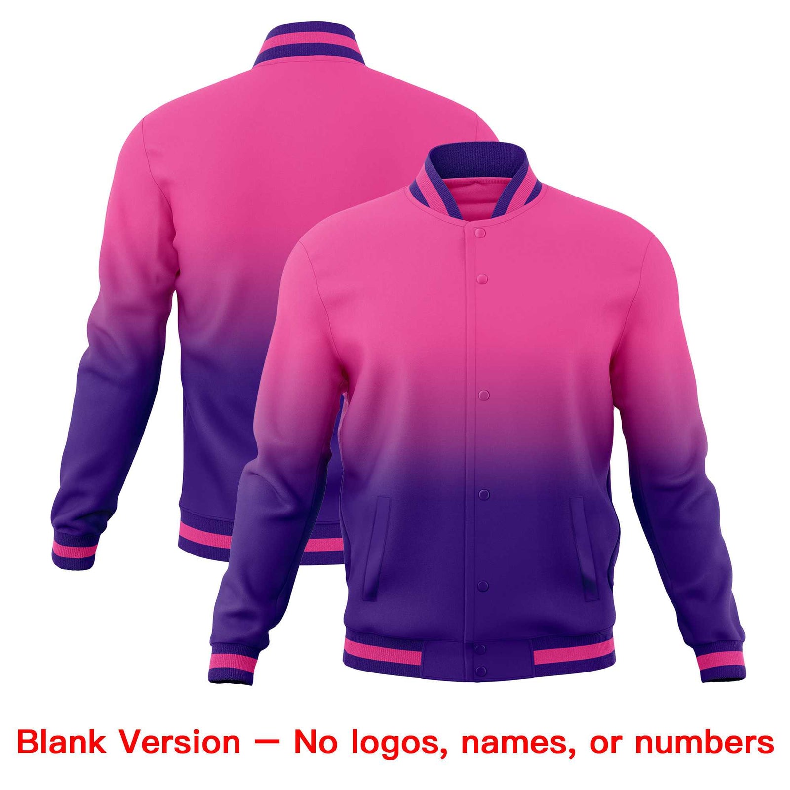 Custom Pink Purple Full-Snap Varsity Personalization Gradient Fashion Letterman Jacket